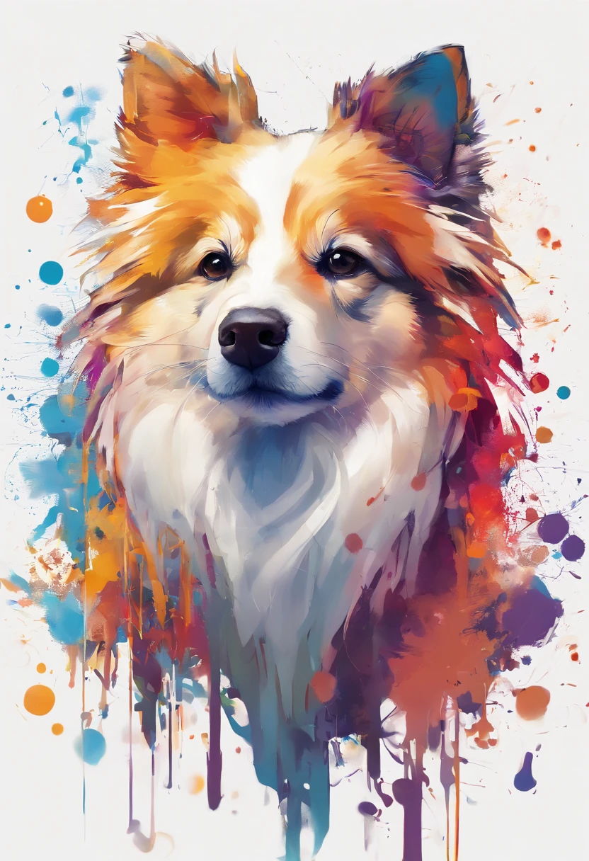 Splash Art, Shetland Shetland Shepherd Dog, ((White background)), piercing eyes, Epic Instagram, art stations, splash style of color paint, contours, hyper detailed intricately detailed , illusory engine, Fantastical, intricately details, Splash screen, Complementary colors, fantasy concept art, 8K resolution, Deviantart's masterpiece, Oil painting, Heavy strokes, paint drips, splashart