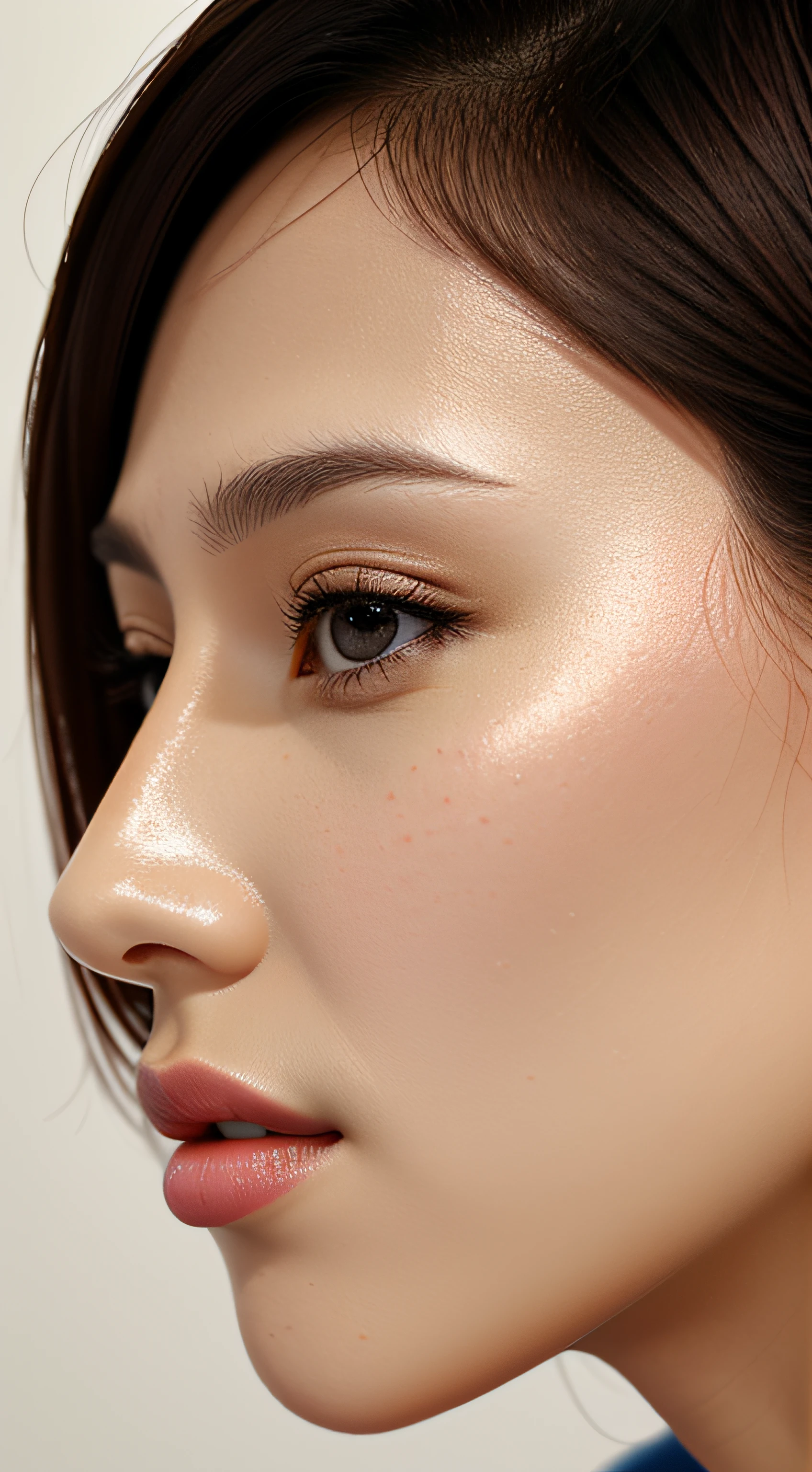 masutepiece,,award - winning photo, Extremely detailed, edgOrgasm,Face Focus Face、35 year old、A dark-haired、Glossy skin、Close-up of face,(Super close-up of nose,Face shot),low angles:1.5,(Realistic nostrils)、Lens Distortion Removal、Reproduction of pores、profile、1girl in,Beautiful woman with straight nose、short cut hair、