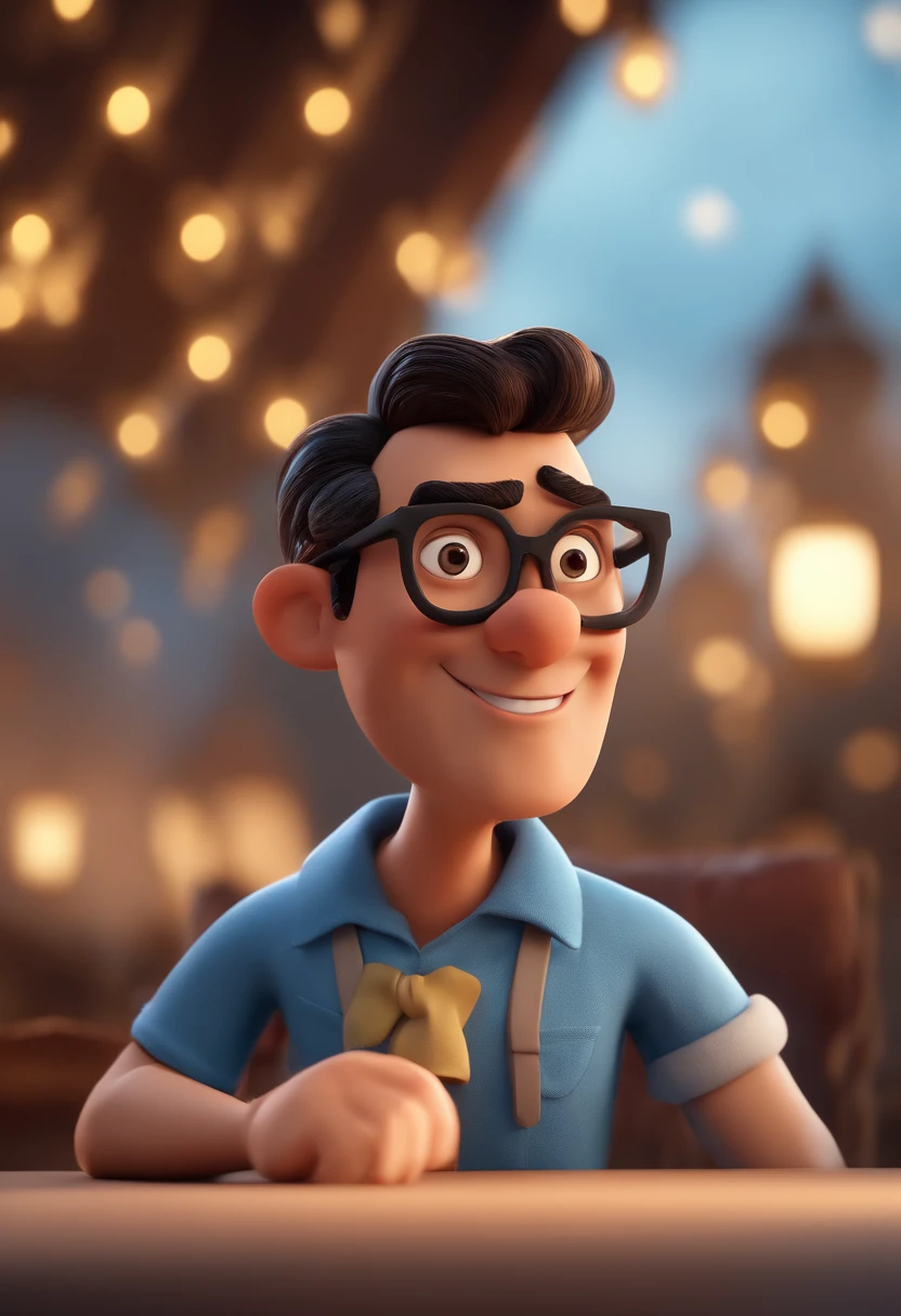 Cartoon character of a man with black glasses and a blue shirt, animation character, Caractere estilizado, animation style rendering, 3D estilizado, Arnold Maya render, 3 d render stylized, toon render keyshot, Personagem 3D, Personagem 3D, 3d rendering stylized, 3 d character render, personagem de desenho animado, Personagem de close up, Pose de personagem,  (Estilo Pixar) (master part:1.2) (Bokeh) (best quality) (pele detalhada) (textura detalhada) (8k) (argila) (Cinematic lighting) (foco nítido