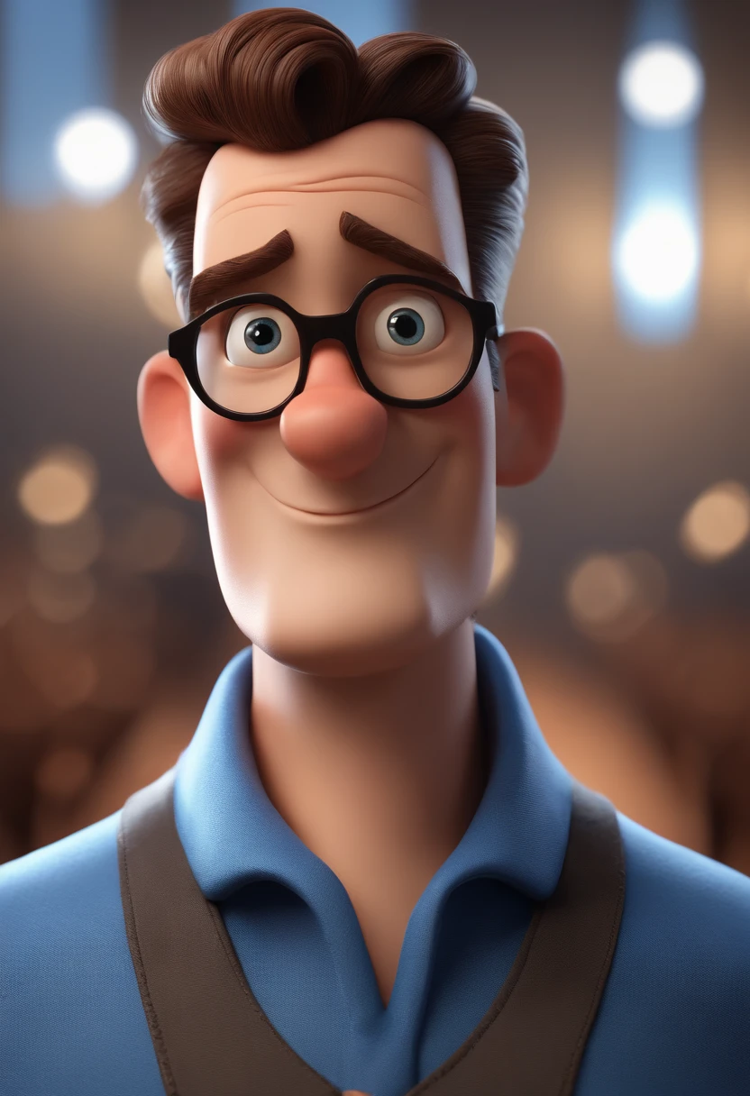 Cartoon character of a man with black glasses and a blue shirt, animation character, Caractere estilizado, animation style rendering, 3D estilizado, Arnold Maya render, 3 d render stylized, toon render keyshot, Personagem 3D, Personagem 3D, 3d rendering stylized, 3 d character render, personagem de desenho animado, Personagem de close up, Pose de personagem,  (Estilo Pixar) (master part:1.2) (Bokeh) (best quality) (pele detalhada) (textura detalhada) (8k) (argila) (Cinematic lighting) (foco nítido