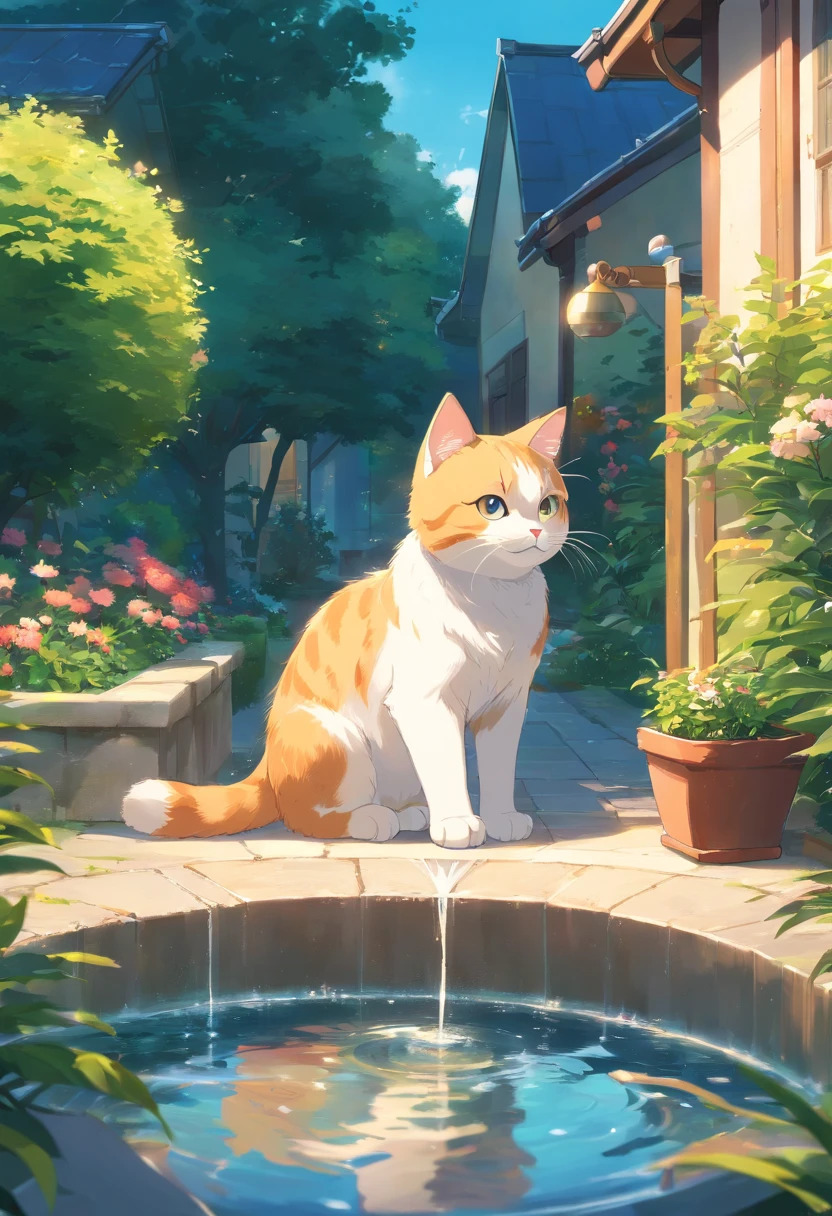 A cute cat with round eyes, Garden fountain,  House in the distance