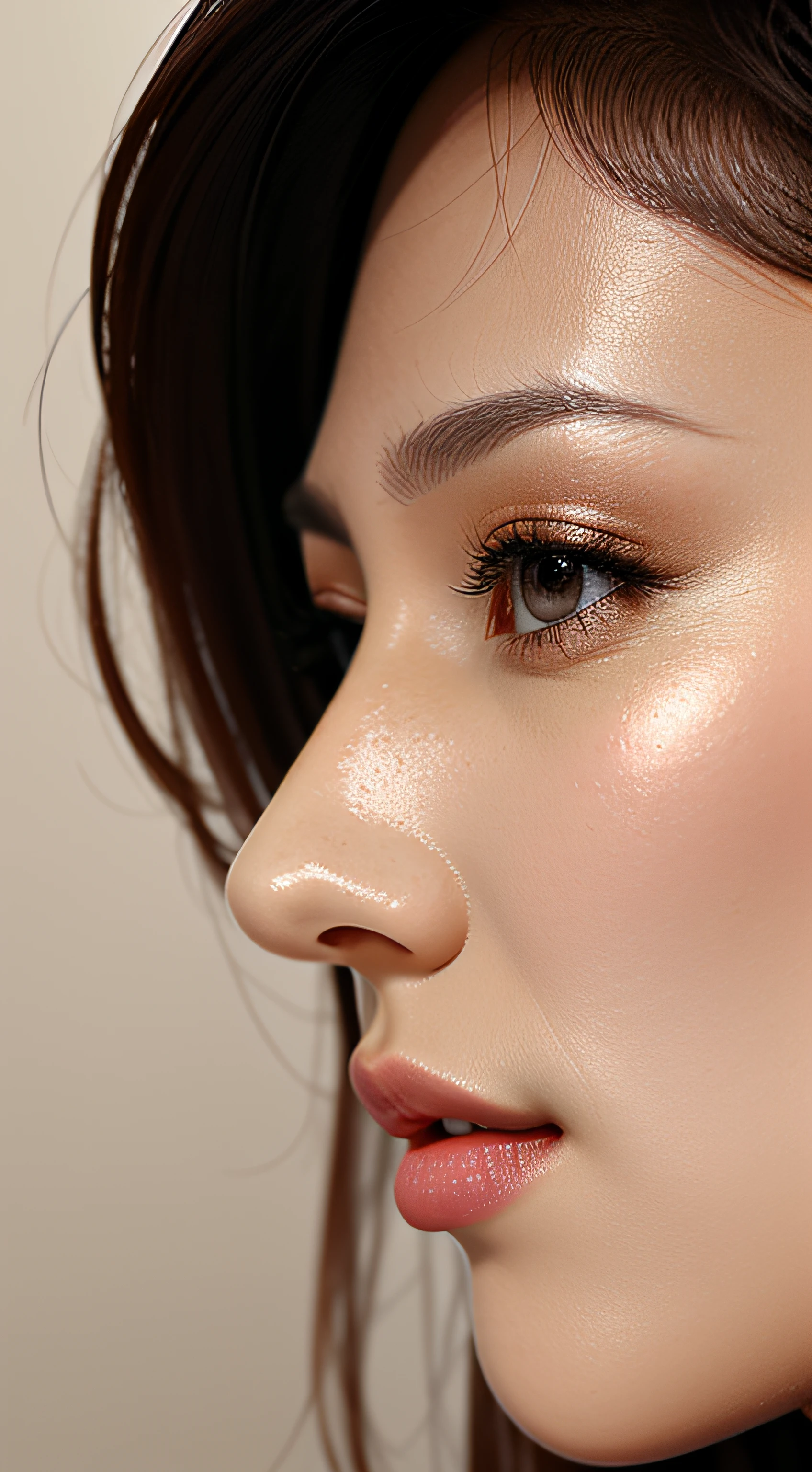 masutepiece,,award - winning photo, Extremely detailed, edgOrgasm,Face Focus Face、35 year old、A dark-haired、Glossy skin、Close-up of face,(Super close-up of nose,Face shot),low angles:1.5,(Realistic nostrils)、Lens Distortion Removal、Reproduction of pores、profile、1girl in,Beautiful woman with straight nose、short cut hair、