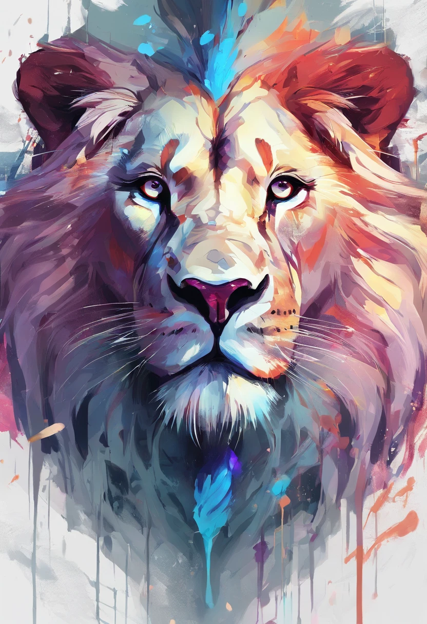 splashart, the Lion, ((white backgrounid)), piercing eyes, Epic Instagram, art stations, splash style of colourful paint, contours, Hyper-detailed intricate details, unreal-engine, fantasy, intricately details, splash image, complementary colours, fantasy concept art, 8k解像度, Deviantart's masterpiece, oil painted, Re-itinerary, paint drips, splashart
