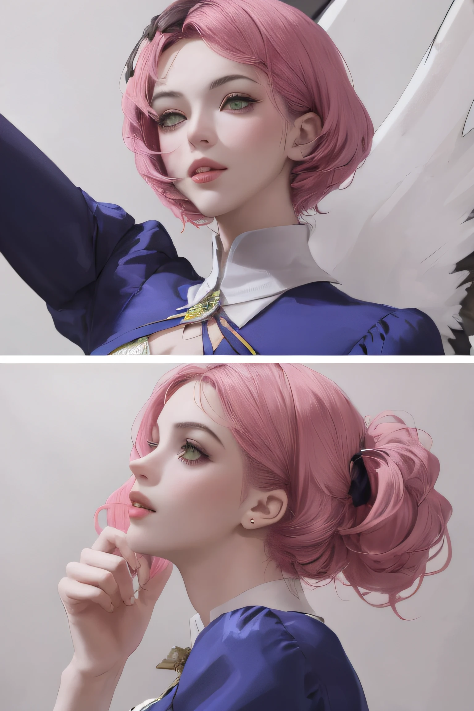 Alisa bosconovitch, melhor qualidade, contemporary, estilo plano, minimalismo, Green Eyes Flat Illustration, cabelo rosa, cabelo curto, cabelos multicoloridos, Camisa Preta, mechanical wings, Head Portrait Close-U, peito pontudo, decote, super decote, middlebreasts, Tekken,cabelo rosa pastel, 1girl, em quimono, hand-painted,Desenho de linha sem cor, colorida do yandere pastel, Tekken, Super cute pink hair girl with gothic makeup on the side, com roupa de empregada,figura esbelta,robusto,He sat on the floor,Vestido com roupas de empregada rosa e branco,cabelos muito curtos,com orelhas de gato,quadratic element,, kawaii cor-de-rosa na roupa da era de 1910, Alisa Bosconovich pink lips, no estilo da paleta de cores suave aurorapunk, an anime illustration of his face, gifs animados, hand drawn animation, charming sketches, suave e brilhante, romantismo nebuloso, Estilo Superflat, fundo branco - ar 1:1 - niji 5 - estilo expressivo --s 50 ,Pink kawaii girl in the era of 1920s clothesPink eagles, vestindo uma camisa branca brilhante, no estilo da paleta de cores suave aurorapunk, an anime illustration of his face, gifs animados, hand drawn animation, charming sketches, suave e brilhante, romantismo nebuloso, Estilo Superflat, fundo branco - ar 1:1 - niji 5 - estilo expressivo --s 50, Absurdo, Altas, ultra detalhados, (1girl:1.3), quebrar , Crie uma imagem com uma bela caligrafia