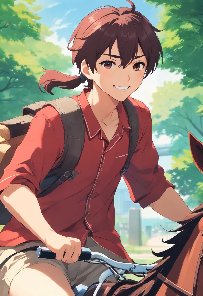 A red-clad archaic male character，ride horse，High ponytail，Bright smile，high definition detail