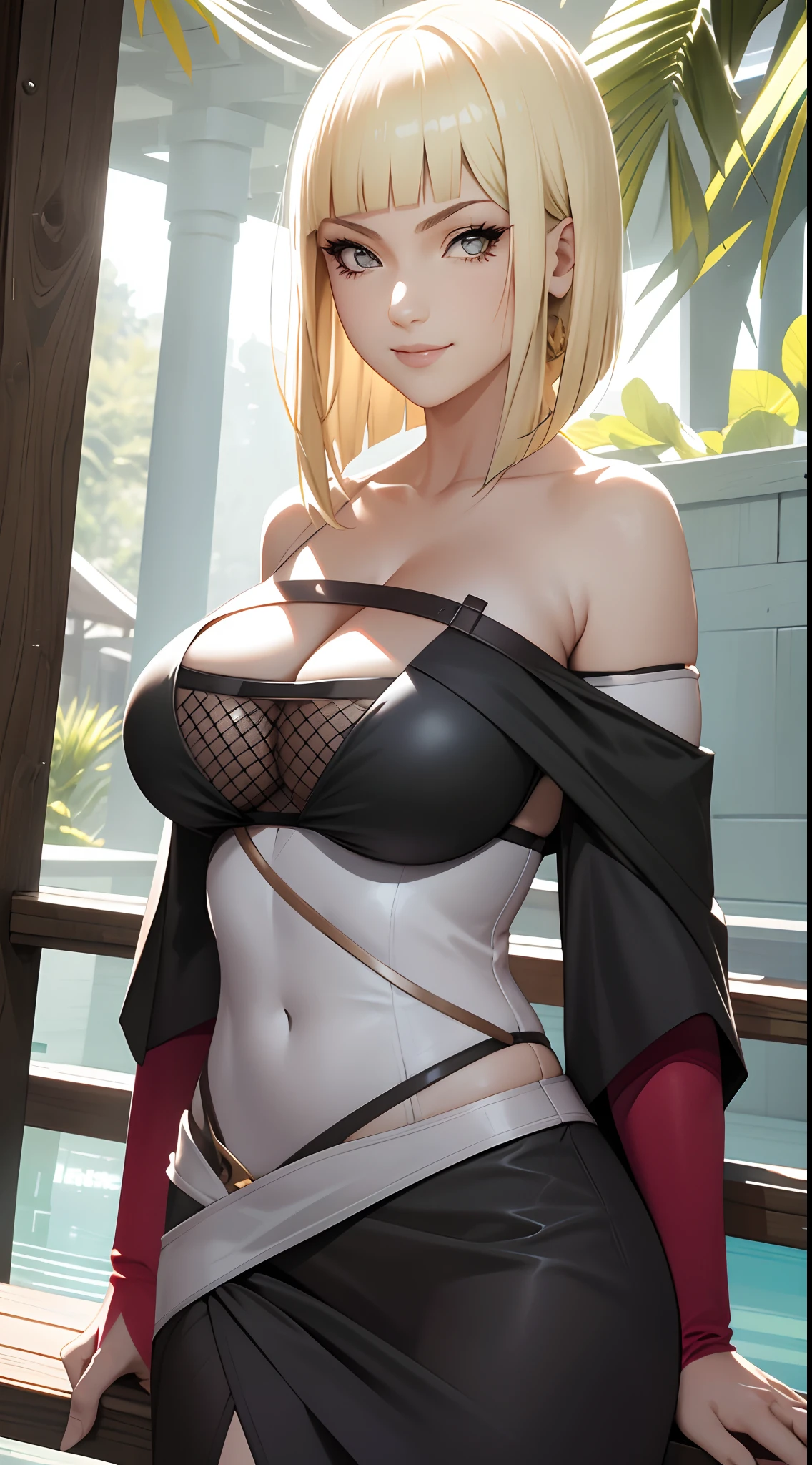 Masterpiece, Big boobs, Best quality, Koh Samui, black kimono, cleavage, vambraces, .portrait, Frontal photo,Off-the-shoulder attire,smile,Be red in the face