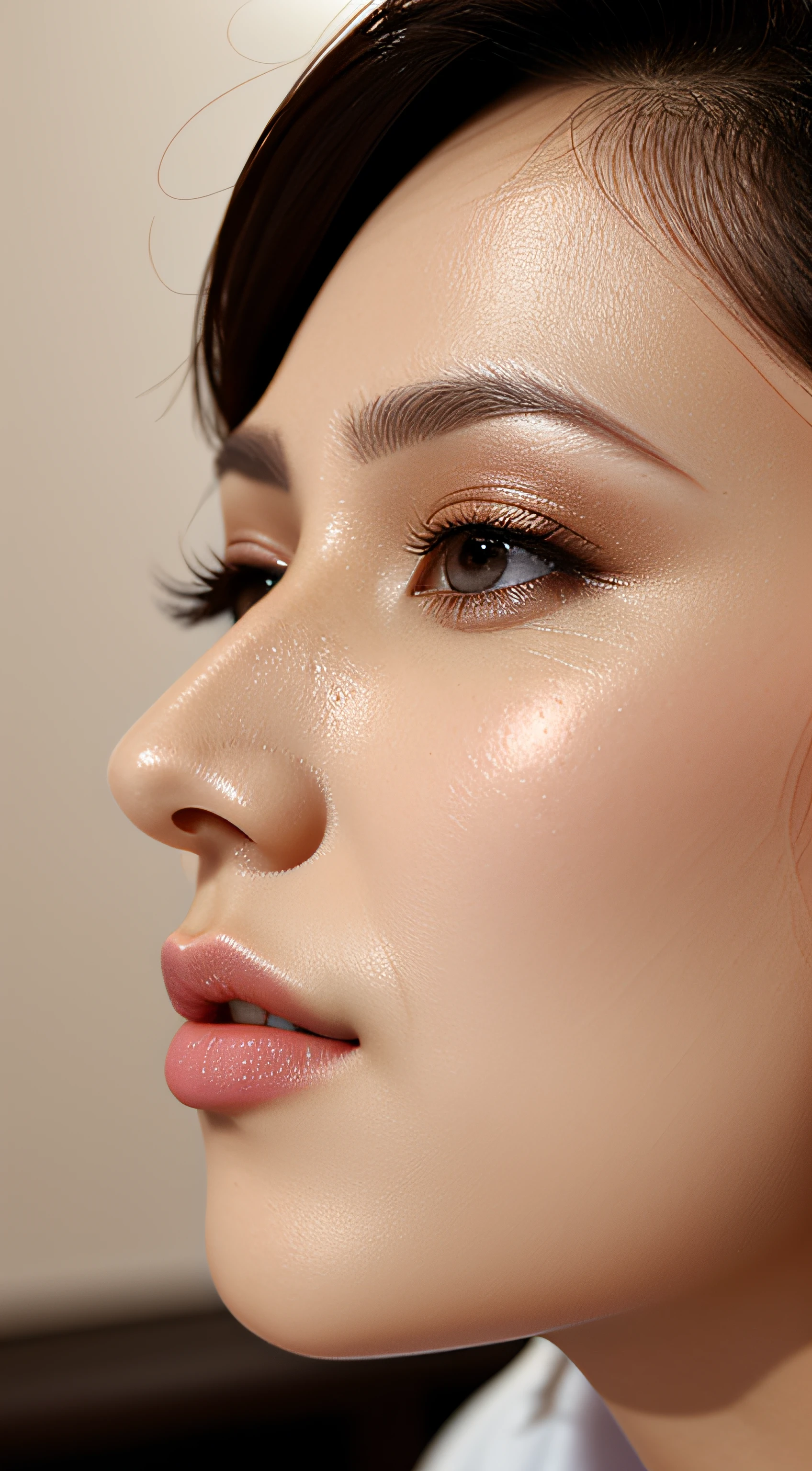 masutepiece,,award - winning photo, Extremely detailed, edgOrgasm,Face Focus Face、35 year old、A dark-haired、Glossy skin、Close-up of face,(Super close-up of nose,Face shot),low angles:1.5,(Realistic nostrils)、Lens Distortion Removal、Reproduction of pores、profile、1girl in,Beautiful woman with straight nose、short cut hair、
