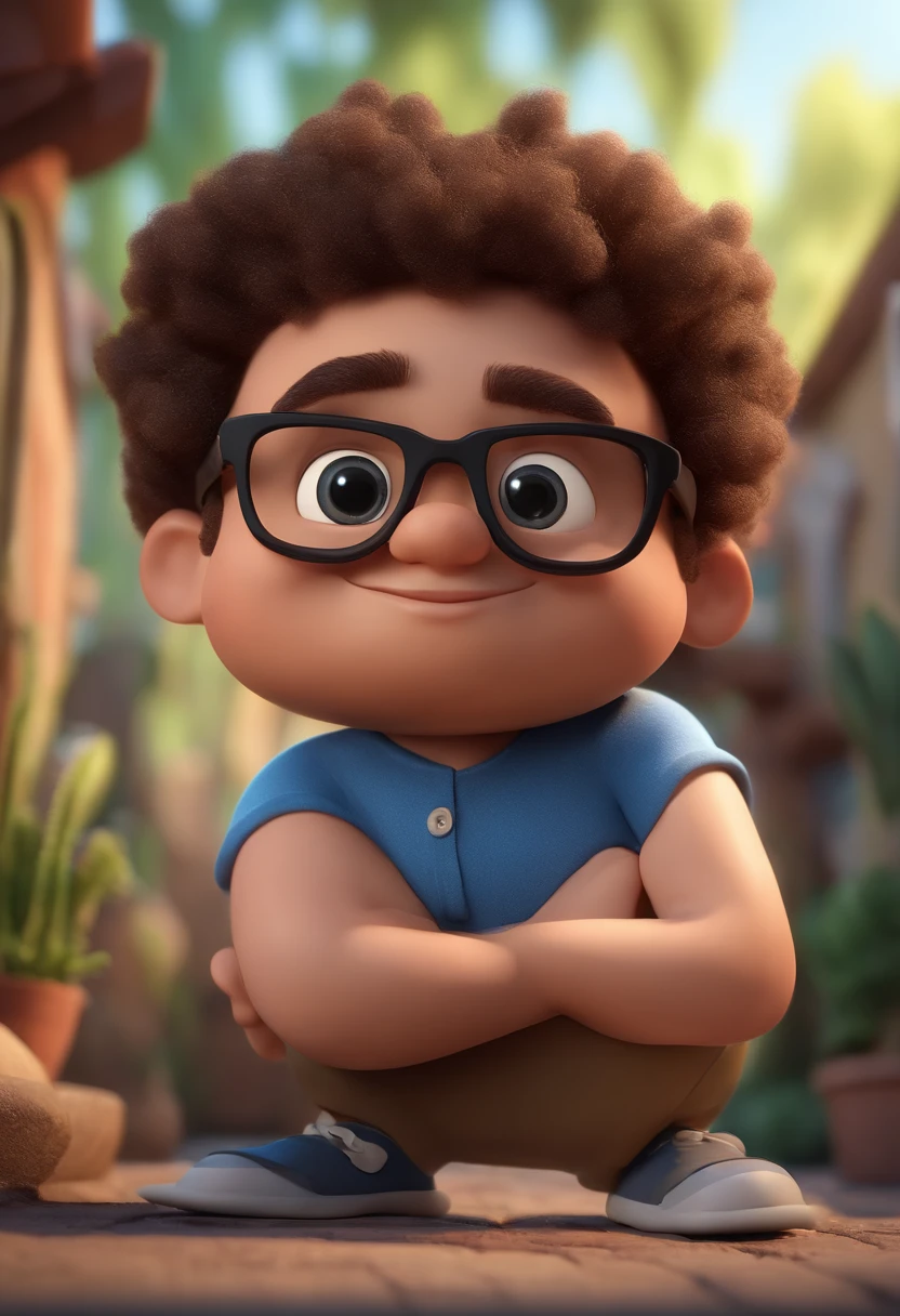 Cartoon character of a chubby man with curly hair with black glasses and a blue shirt, animation character, Caractere estilizado, animation style rendering, 3D estilizado, Arnold Maya render, 3 d render stylized, toon render keyshot, Personagem 3D, Personagem 3D, 3d rendering stylized, 3 d character render, personagem de desenho animado, Personagem de close up, Pose de personagem, (Estilo Pixar) (master part:1.2) (Bokeh) (best quality) (pele detalhada) (textura detalhada) (8k) (argila) (Cinematic lighting) (foco nítido