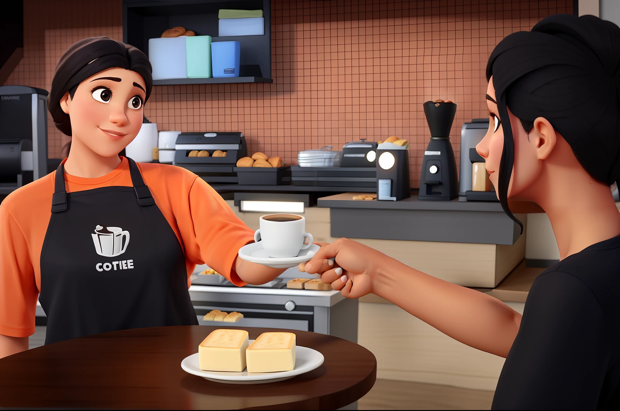 1 atendente mulher de avental preto com camiseta laranjada, Delivering a coffee to the customer and 2 loaves of bread on the table