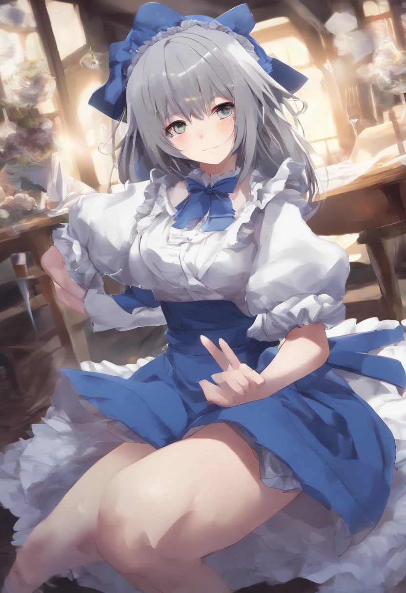((16 nights in Saguia)), ((touhou project)), cosplay, 20-year-old woman, (((Gray hair)), ((Moderately spiked hair)), ((blue maid outfit)), ((White blouse)), middlebreast, (Light)))), (Pose))), (Photorealistic photo: 1.3), rim lit, (High detail skin:1.2), 8K Ultra HD, Digital SLR, High quality, high resolution, 4K, 8K, Bokeh, Absurdity, best ratio four fingers and a thumb, (Real:1.3), Cutest 1 girl, lots of knives