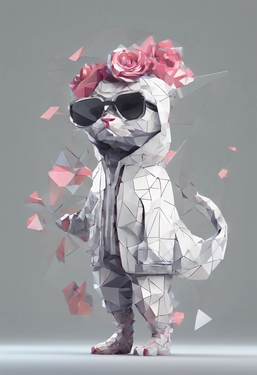 Perfect alignment, Cute little animals in the jacket,crystal vases,Rose flower, Wearing sunglasses, cheerfulness, Standing position, Abstract beauty, Centered, Looking at the camera, Facing the camera, nearing perfection, Dynamic, Highly detailed, smooth, Sharp focus, 8K, A high resolution, illustration, Art by Carne Griffiths and Wadim Kashin, White background