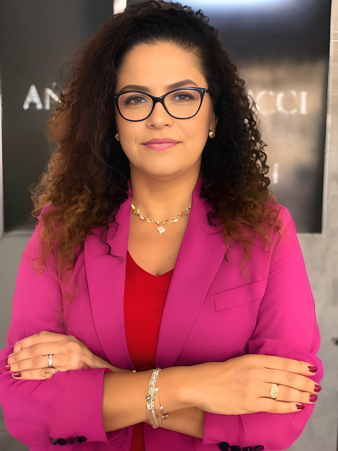 A brunette woman with glasses and a dress outfit, she is a lawyer and is well dressed in the background, a law office with a bookshelf and books with depth, bem bonito faca os ajustes que julgar necessario para melhor estetica ela tem cabelo cacheado medio volume cachos soltos castanhos mulher empoderada, Anos Imane, andrea rocha, inspired by Antonín Chittussi, Ameera africana Al Taweel, Magalie Villeneuve, imagem profissional, simone graci, imagem profissional, imagem de perfil, imagem de alta qualidade, Alanis Guillen, inspirado em Araceli Gilbert