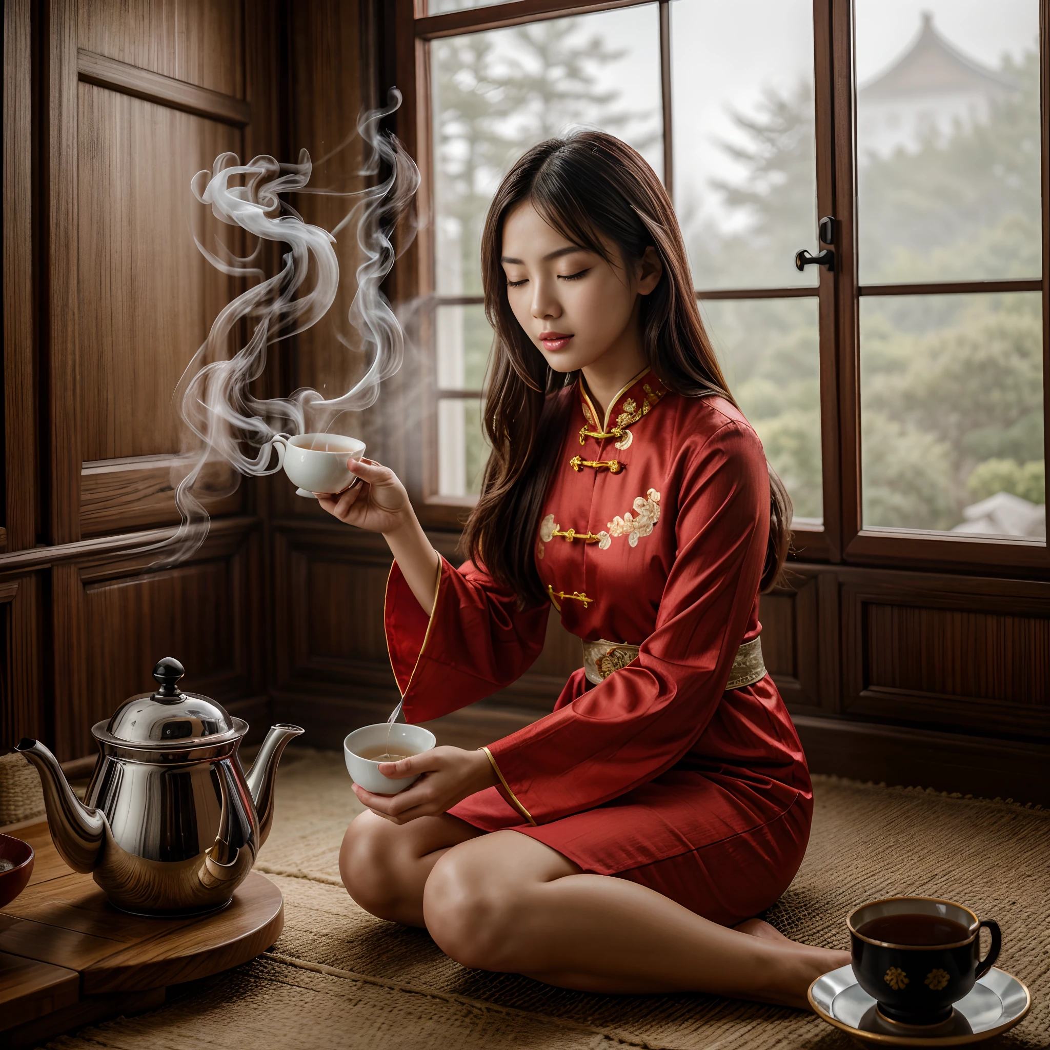 (masterpiece, best quality), 1girl, full body, face, feet, documentary photo of Chinese girl wears typical traditional Chinese dress is intent on the tea ritual. She pours steaming tea into a cup from a teapot. Typical old Chinese room, smoke in the air, very diffuse light, sensual movements, green_eyes, red lips, slightly open mouth, closed eyes, soft light, high res photo, high detailed, (highly detailed skin:1.2), 16k, High details. ultra high res.photorealistic:1.4, UHD, DSLR, soft lighting, high quality, grain color film, FujifilmXT3, low angle point of view