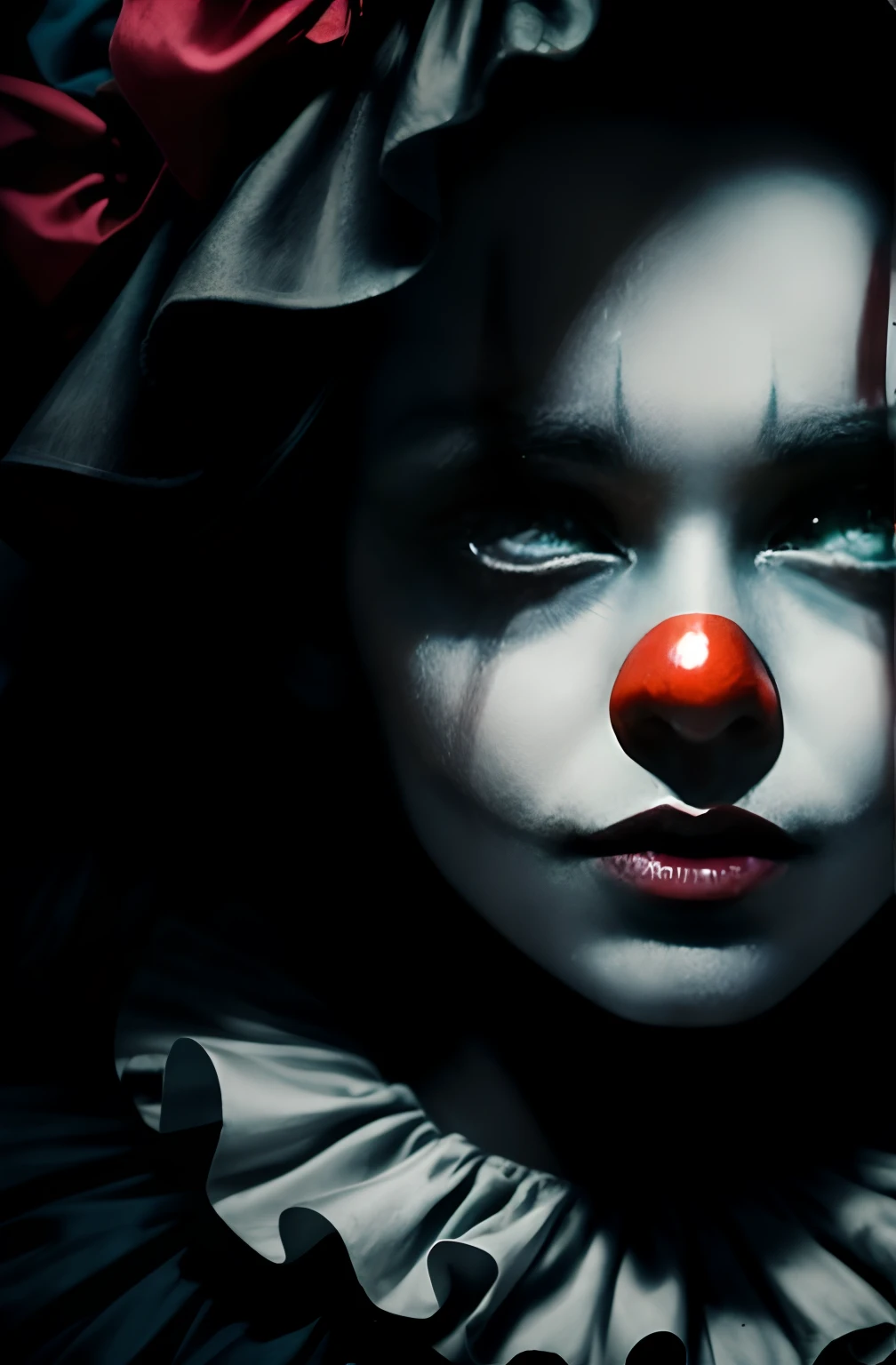 tmasterpiece, best qualityer, cinematic Film still from, 1 creepy clown girl, The face is painted as a clown, goth clown girl, (eyes with brightness:1.5), Close-up of portraits,Full body portrait of the clip, Light of terror, (spark of light: 0,7),Color screen tones