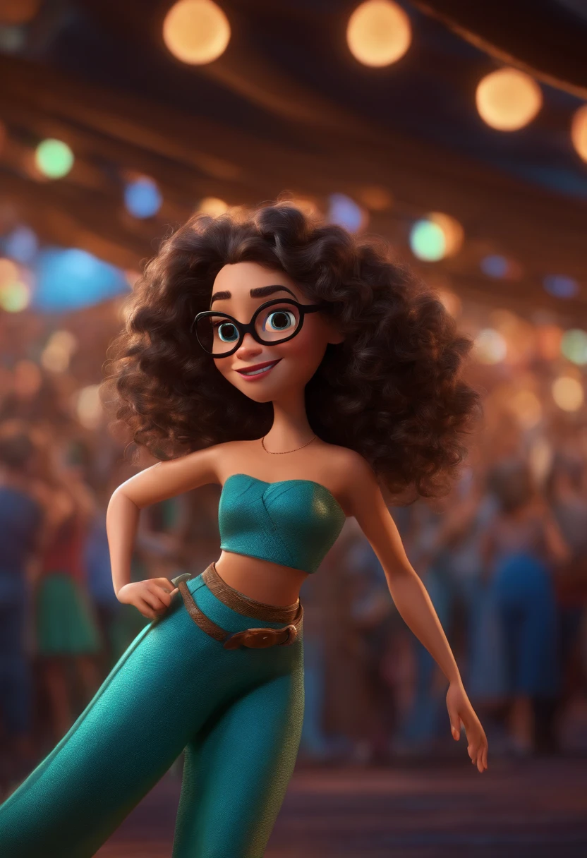 Pixar style image with 3D character black glasses woman long curly hair dancing, Maquiagem Disney,Pescador, bonitinho, sorridente ,Close-up, Pixar, Disney, Cinema lighting,