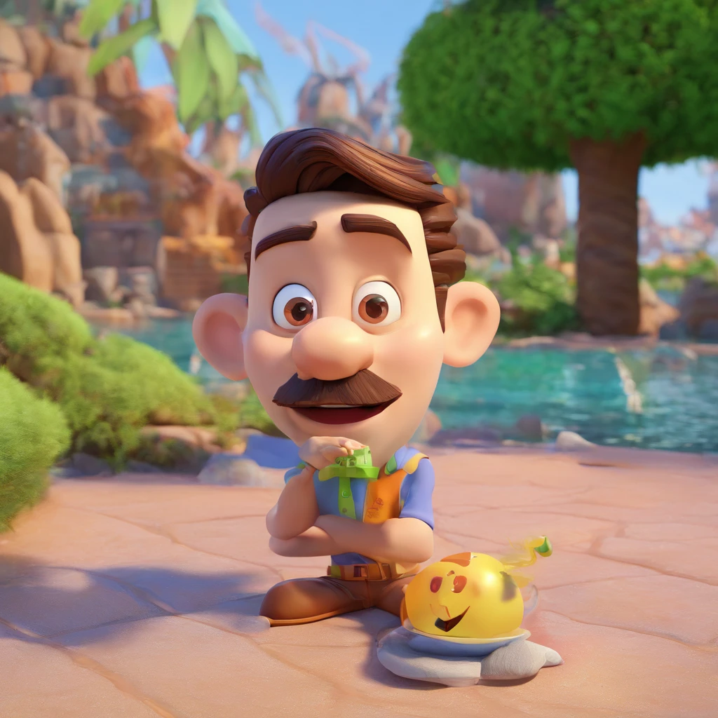 Criar um personagem no estilo Pixar. Trata-se de um homem de 30 anos, com barba, Branco, com cabelos castanhos curtos e um quiff, e olhos castanhos. Ele deve estar na frente de um computador, Trabalhar como designer