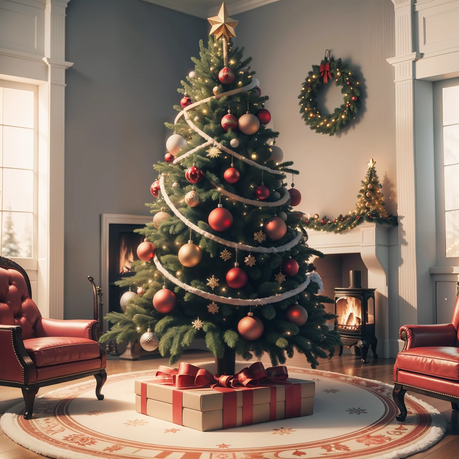 Front view full Christmas tree, armchair and fireplace, real photo, ultra-realistic rendering, realistic rendering, in 8K, --auto --v6 --s2