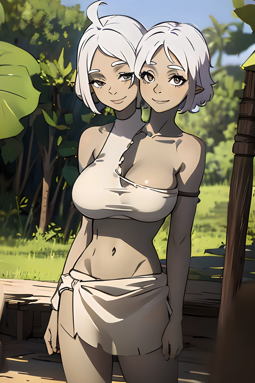 ((2heads)),masterpiece, best quality, tsharuna, pearl white skin, crop top, sarong, torn clothes, bare shoulders, large breasts, upper body, primitive village, forest, looking at viewer, smile