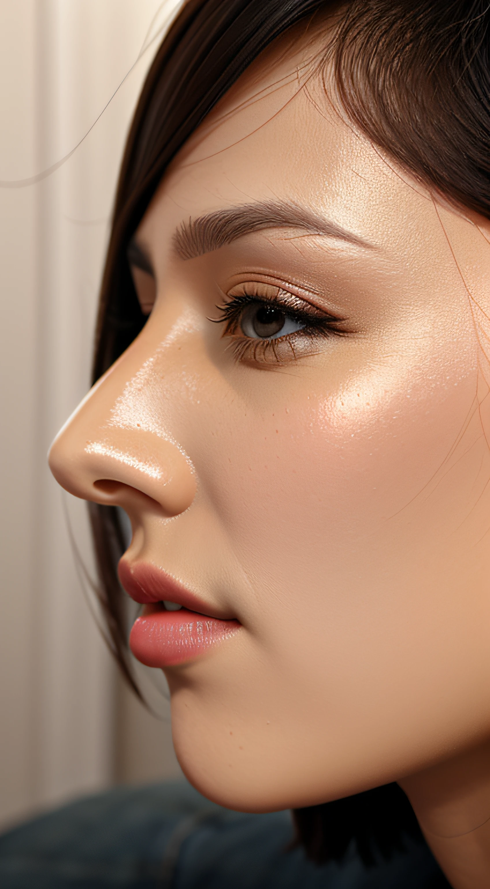 masutepiece,,award - winning photo, Extremely detailed, edgOrgasm,Face Focus Face、35 year old、A dark-haired、Glossy skin、Close-up of face,(Super close-up of nose,Face shot),low angles:1.5,(Realistic nostrils)、Lens Distortion Removal、Reproduction of pores、profile、1girl in,Beautiful woman with straight nose、short cut hair、