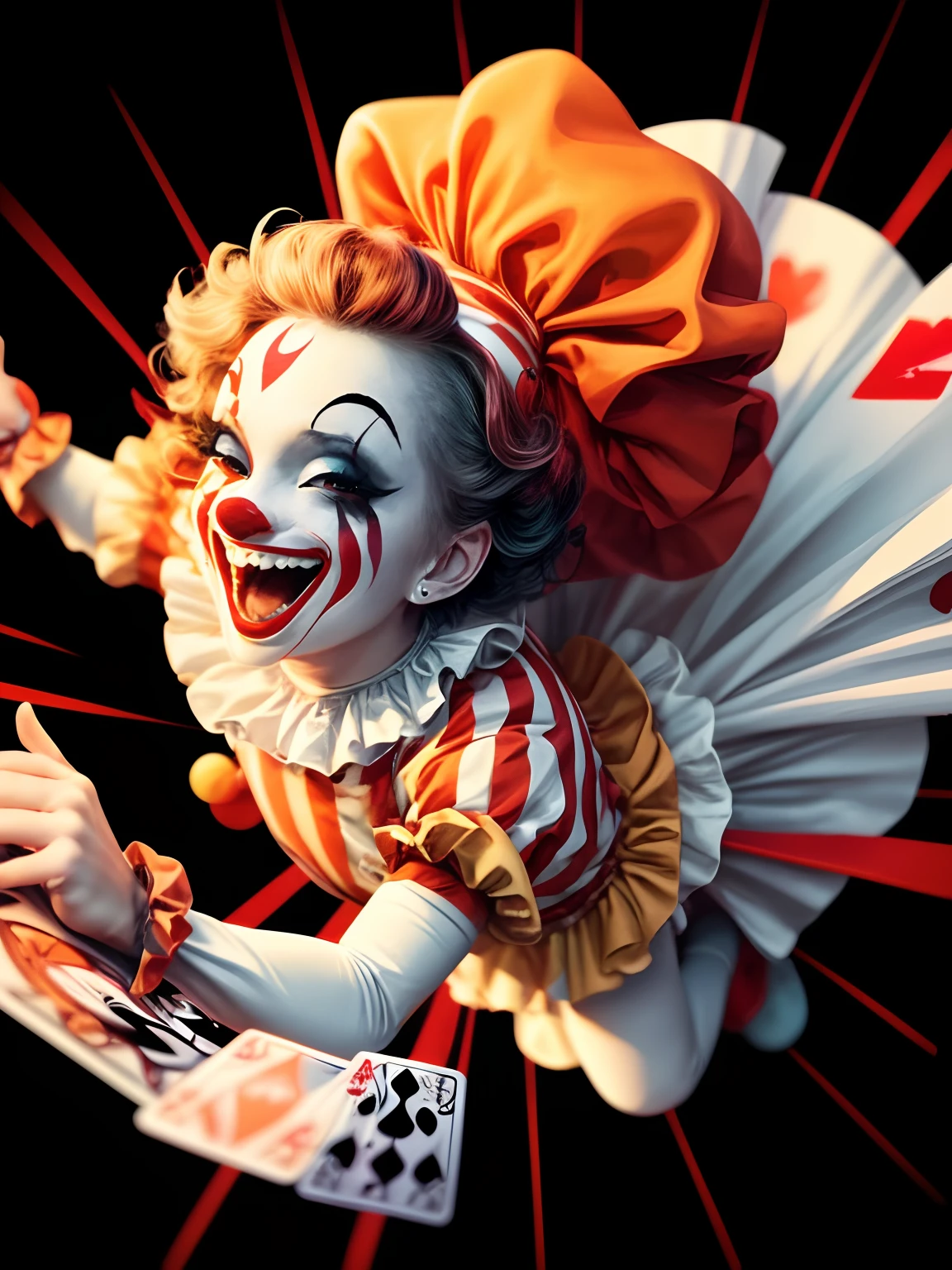 High quality design vector style image, T-shirt print style, Clown graphic art white background,The colors are vivid and true to life, Horror circus scenes, Laughing clown image, horror smile, Fly playing cards,
