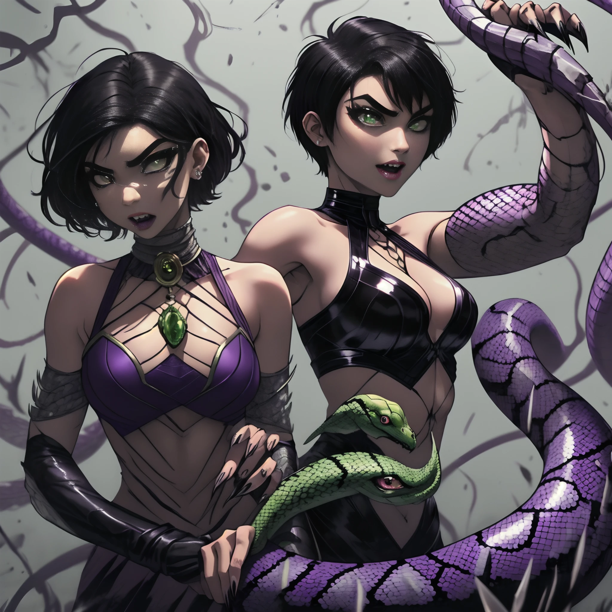 Short medium body having the venomous fangs of a king cobra with piercing purple and green snake eyes and scales that grew up her forearms down to her hands that are equipped with sharp claws with brow and black hair short hair