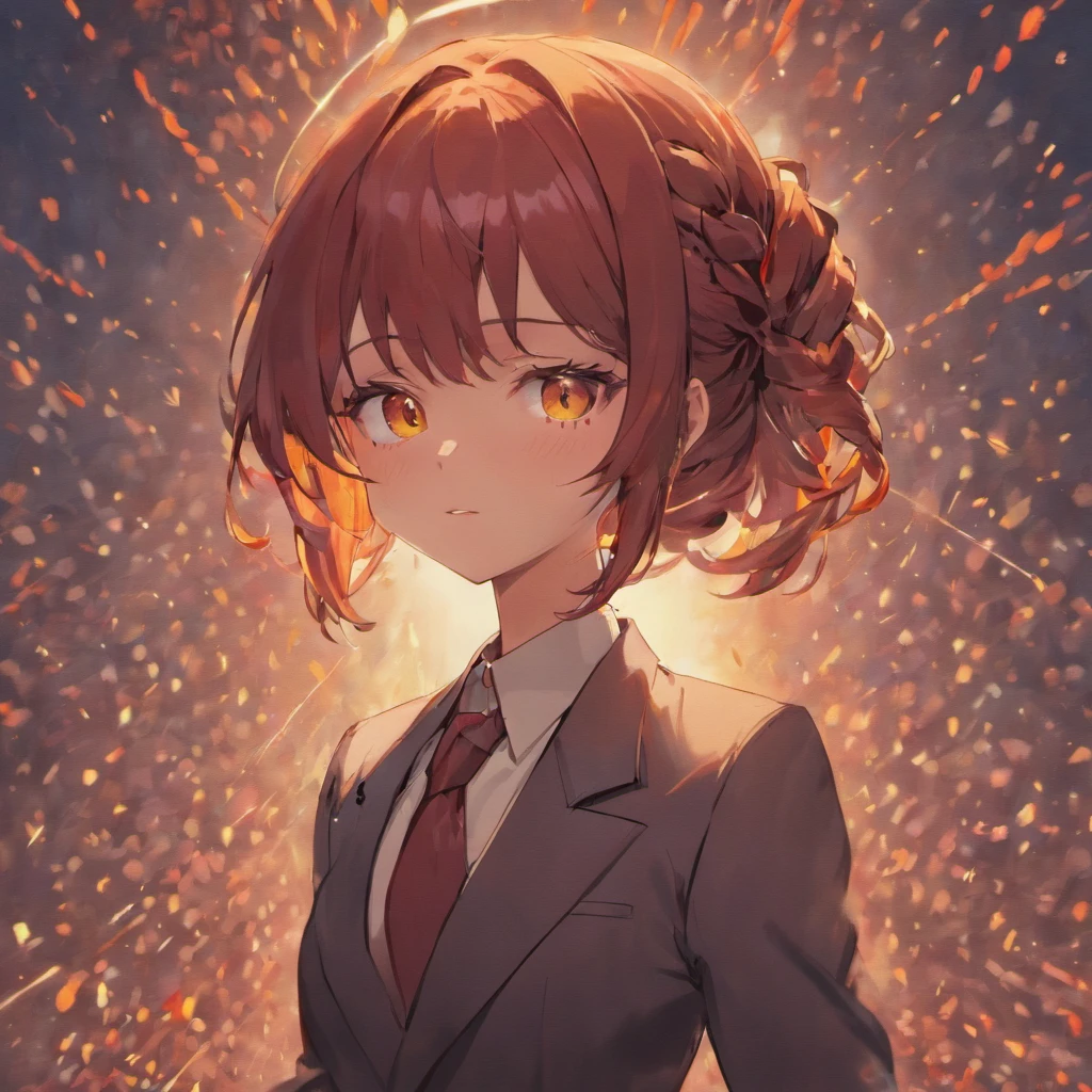 An adult woman wearing a neat suit, maroon hair in one braid with bangs, orange eyes