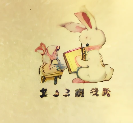Cartoon bunny bunny holding a book and telling a story to bunny，Close-up of sitting on a stool, Rabbit_Bunny, Chinese text, author：Central Plains South Tianfang, golden chinese text, Middle Metaverse, Japanese text attached, Rabbit, author：Andō Tsukimichi, author：Maruyama Daikyo, japanese text, author：Gigadō Ashiyuki