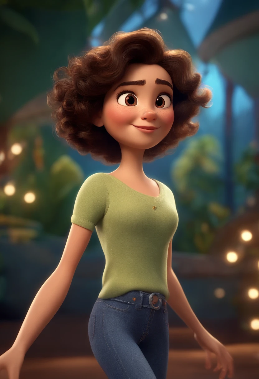 Pixar style image with 3D character white glasses brunette woman short curly hair dancing, Maquiagem Disney,Pescador, bonitinho, sorridente ,Close-up, Pixar, Disney, Cinema lighting,