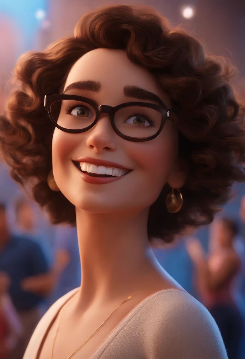 Pixar style image with 3D character white glasses brunette woman short curly hair dancing, Maquiagem Disney,Pescador, bonitinho, sorridente ,Close-up, Pixar, Disney, Cinema lighting,