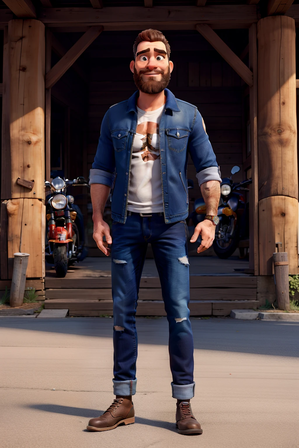 master part, best quality, um homem com barba e longos cabelos castanhos, vestindo uma jaqueta de couro e jeans preto, ao lado de sua motocicleta