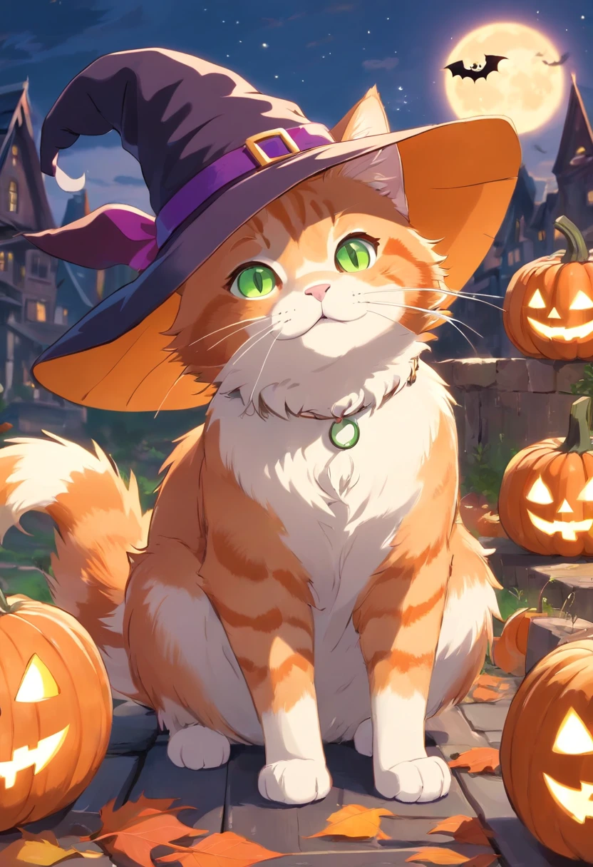 Ginger cat in a witch's hat, It has white front paws, There are also green and brown eyes, pumpkins, Halloween, the bats