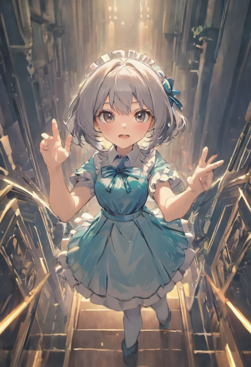 (16 nights in Saguia)), ((touhou project)), cosplay, 20-year-old woman, (((Gray hair)), ((Moderately spiked hair)), ((blue maid outfit)), ((White blouse)), middlebreast, (Light)))), (Pose))), (Photorealistic photo: 1.3), rim lit, (High detail skin:1.2), 8K Ultra HD, Digital SLR, High quality, high resolution, 4K, 8K, Bokeh, Absurdity, best ratio four fingers and a thumb, (Real:1.3), Cutest 1 girl, lots of knives