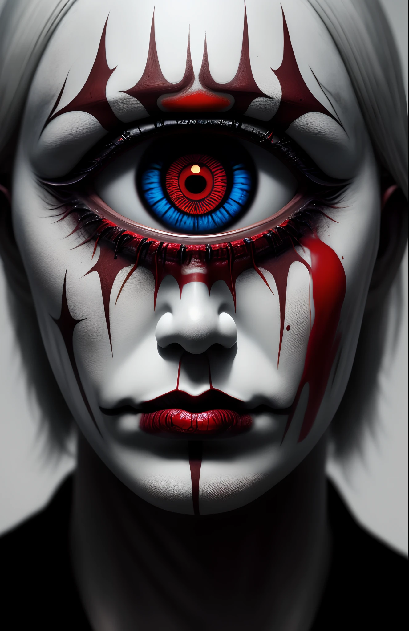 Fantastic art of All-Seeing Eye H.R. Giger， Junji Ito， Greg Rutkowski， WLOP，Clown makeup，Red rubber nose，White foundation，
Wednesday Adams' detailed paint，Ray Donley's highly detailed Pietin，8k，Royal Paitin，动态照明，colored lighting，8k，4k，（A high resolution：1.1），best qualtiy;