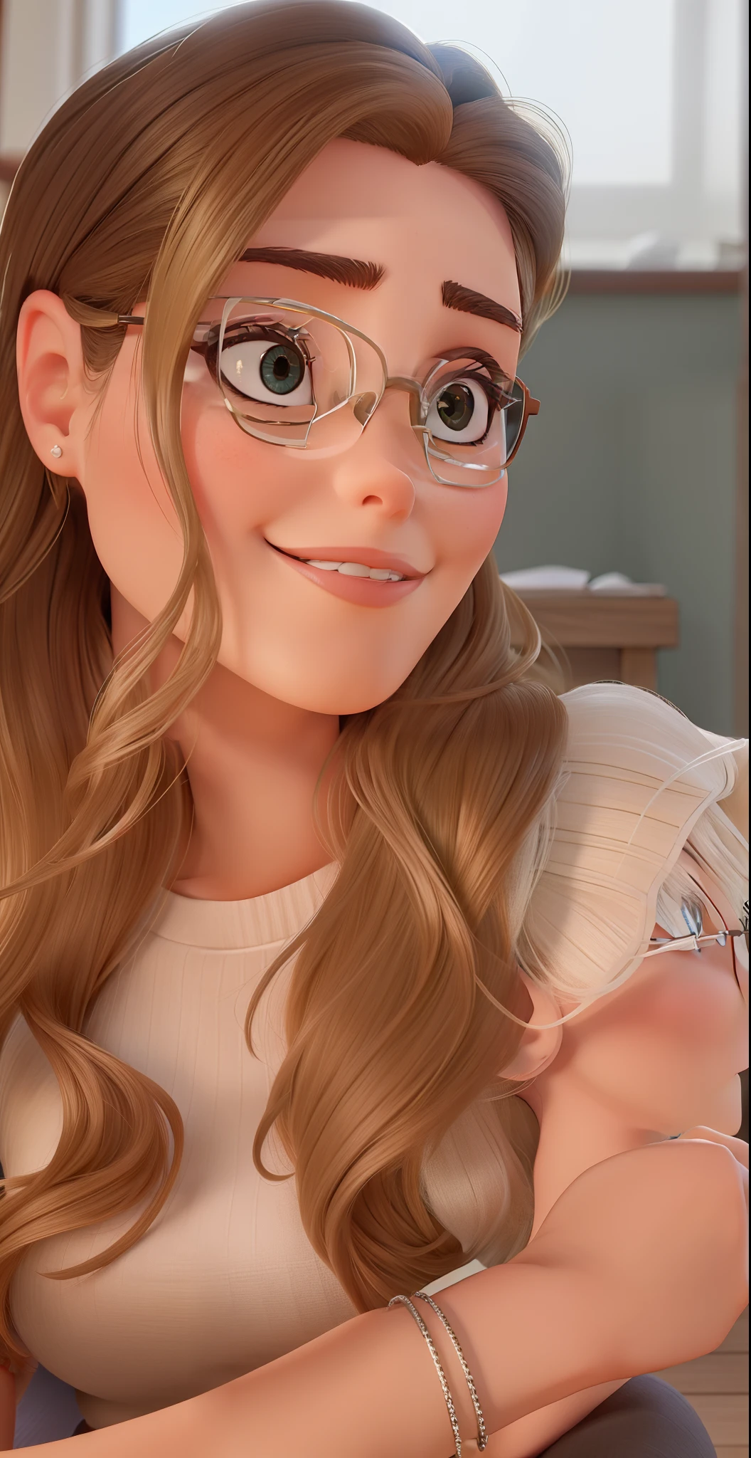 Cabelos loiros, eyeglass, gestante, com olhos de cor castanho claro