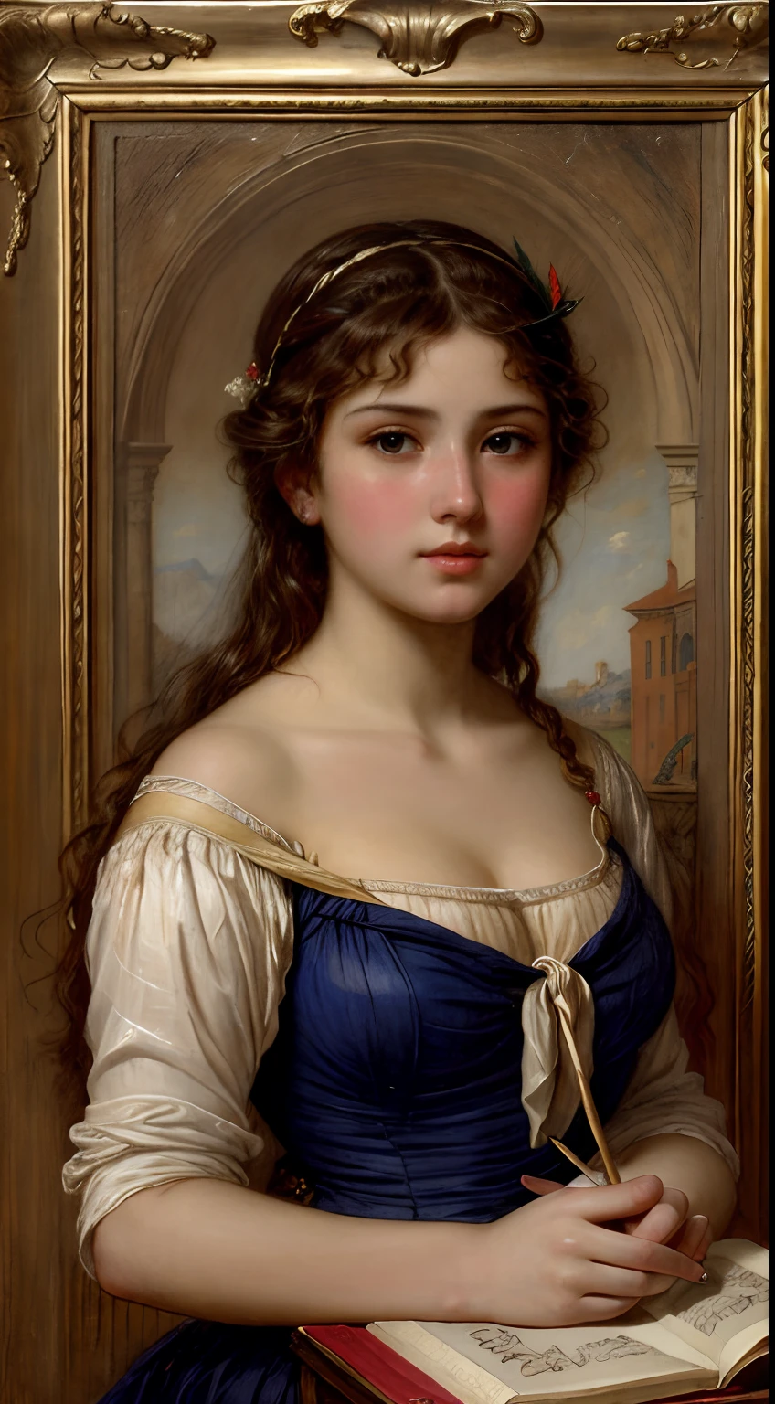 Classical art portrait painting of teen enticing with a feather, (Academic Art:1.4), Eugene De Blaas, John William Godward, Bouguereau