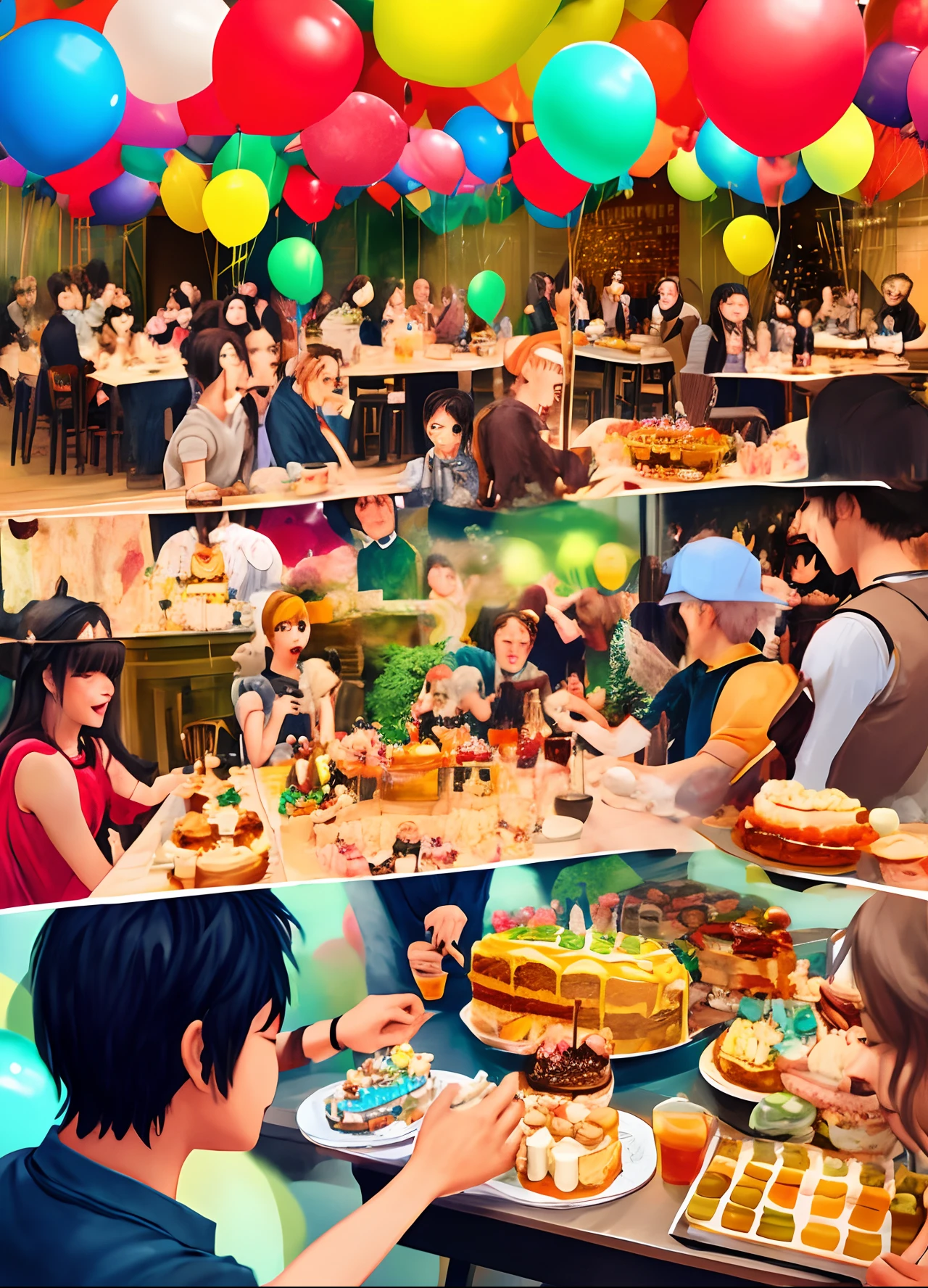 drinking party。Participants between the ages of 20 and 40。16 participants。both sexes。cheers。a cake。balloons。kawaii illustration。animesque。Ghibli Studio。kawaii。PastelColors。a smile。Small number of people。cooking a。champagne。