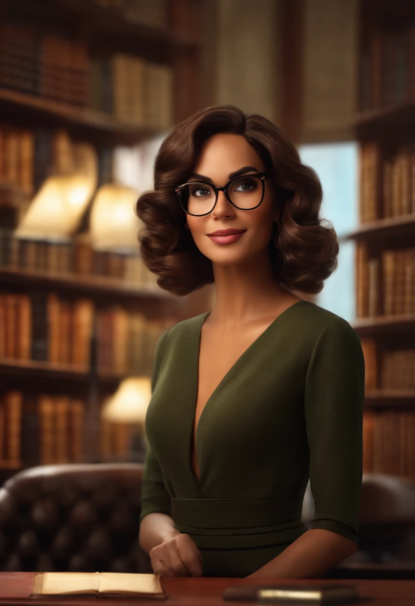 Pixar style image with 3D character glasses a brunette woman with glasses and a dress outfit she is a lawyer and is well dressed in the background a law office with bookshelf and books with depth, bem bonito faca os ajustes que julgar necessario para melhor estetica ela tem cabelo cacheado medio volume cabelos com cachos crespos soltos castanhos mulher empoderada, Anos Imane, andrea rocha, inspired by Antonín Chittussi, Ameera africana Al Taweel, Magalie Villeneuve, imagem profissional, simone graci, imagem profissional, imagem de perfil, imagem de alta qualidade, Alanis Guillen, inspirado em Araceli Gilbert o, Maquiagem Disney,Pescador, bonitinho, sorridente ,Close-up, Pixar, Disney, Cinema lighting,