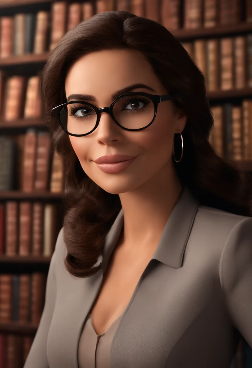 Pixar style image with 3D character glasses a brunette woman with glasses and a dress outfit she is a lawyer and is well dressed in the background a law office with bookshelf and books with depth, bem bonito faca os ajustes que julgar necessario para melhor estetica ela tem cabelo cacheado medio volume cabelos com cachos crespos soltos castanhos mulher empoderada, Anos Imane, andrea rocha, inspired by Antonín Chittussi, Ameera africana Al Taweel, Magalie Villeneuve, imagem profissional, simone graci, imagem profissional, imagem de perfil, imagem de alta qualidade, Alanis Guillen, inspirado em Araceli Gilbert o, Maquiagem Disney,Pescador, bonitinho, sorridente ,Close-up, Pixar, Disney, Cinema lighting,