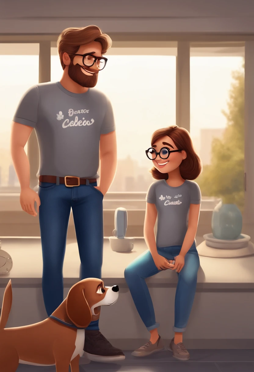 Pixar. Casal com um filhote de cachorro beagle marrom. A menina tem os cabelos loiros amarrados, Camiseta cinza e jeans claro, white glasses. O menino de cabelos pretos com cabelos grisalhos, barba pequena, oculos, Dark blue jeans and gray t-shirt. They are both smiling and are 40 years old