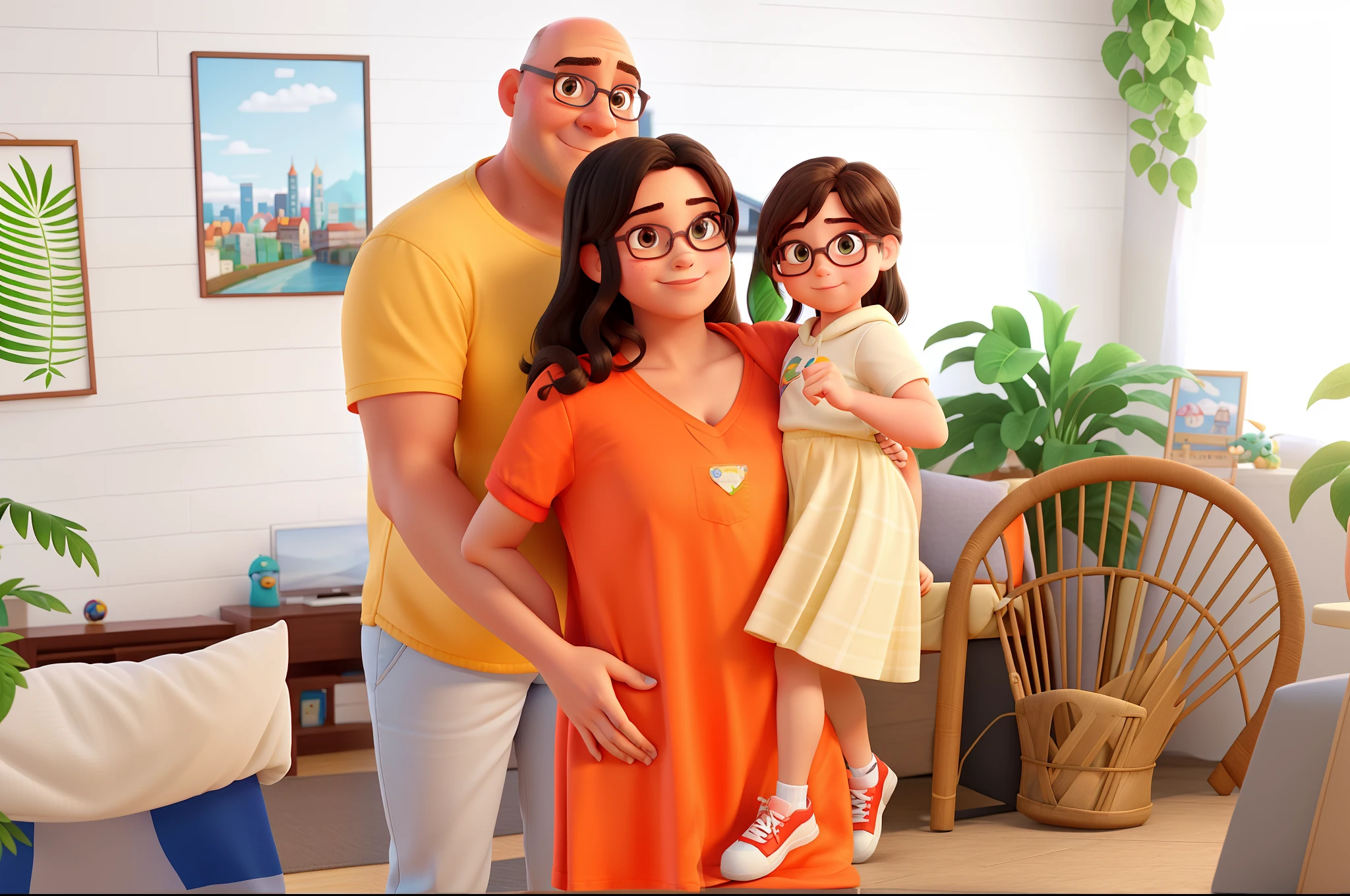 create a high-quality Pixar-style image best quality of a girl dressed as Supergirl in the center of the image behind the girl is her chubby father, Bald and bespectacled by his side is his beautiful woman mother, morena, um pouquinho acima do peso cabelo cacheado e cumprido, ambos com cara de orgulhosos. In the background, a city with several super villains.