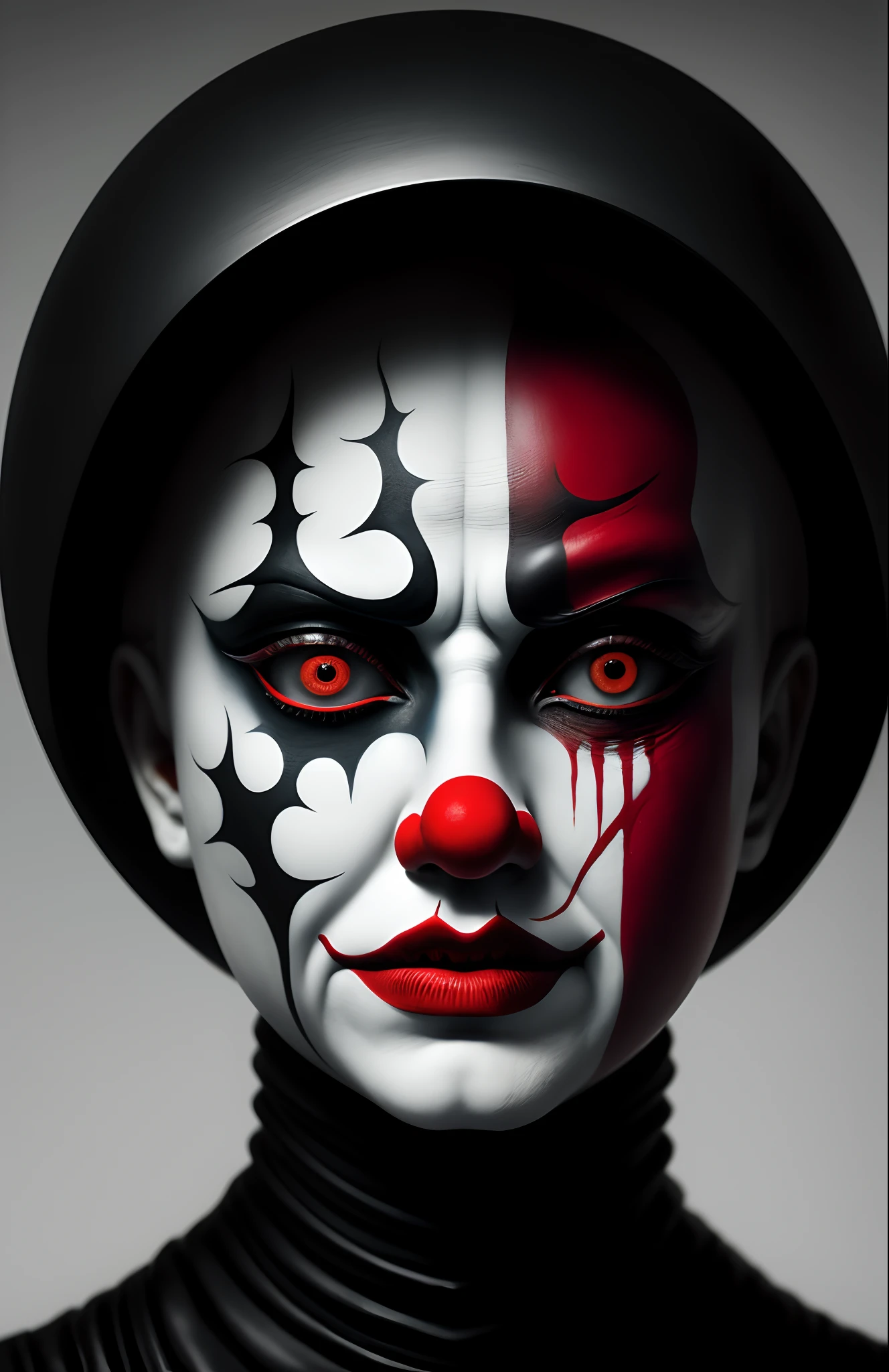 Fantastic art of All-Seeing Eye H.R. Giger， Junji Ito， Greg Rutkowski， WLOP，Clown makeup，Red rubber nose，White foundation，
Wednesday Adams' detailed paint，Ray Donley's highly detailed Pietin，8k，Royal Paitin，动态照明，colored lighting，8k，4k，（A high resolution：1.1），best qualtiy;