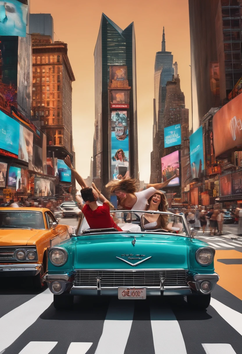 Young couple riding in a convertible car in Times Square, New York, having fun and smiling, surrounded by buildings and advertising screens