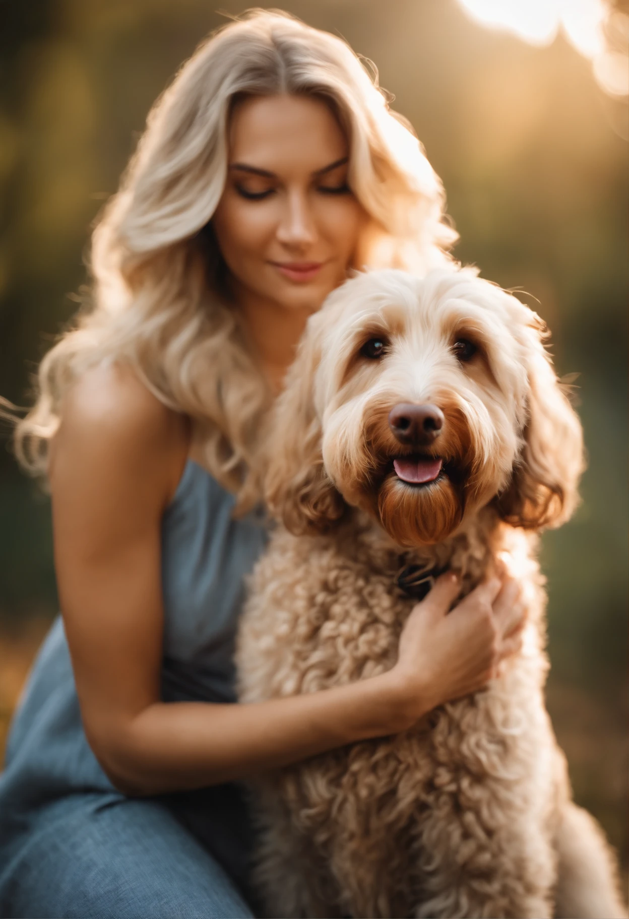 Woman with blonde hair,Big wavy long hair,Hold a Labradoodle
