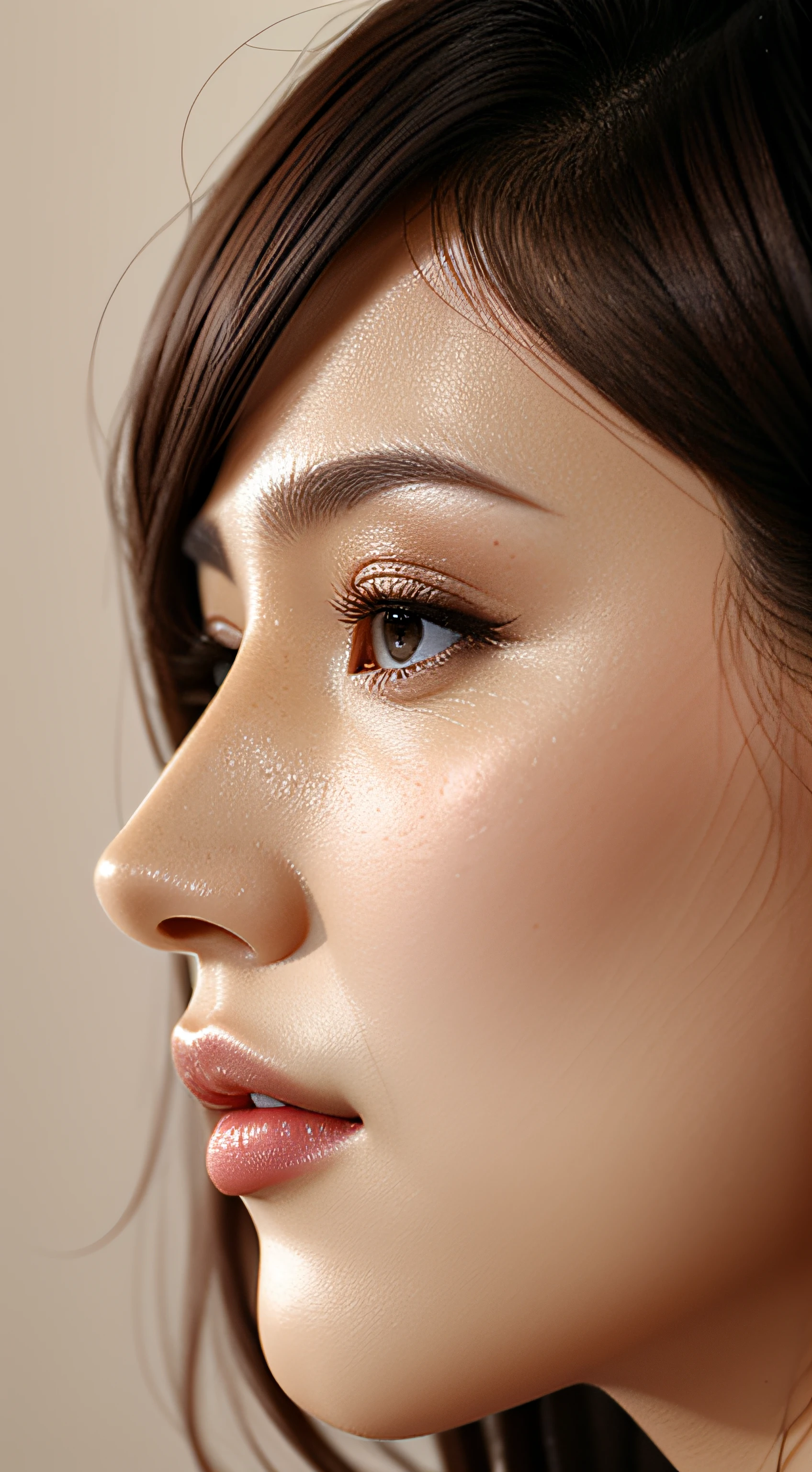 masutepiece,,award - winning photo, Extremely detailed, edgOrgasm,Face Focus Face、35 year old、A dark-haired、Glossy skin、Close-up of face,(Super close-up of nose,Face shot),low angles:1.5,(Realistic nostrils)、Lens Distortion Removal、Reproduction of pores、profile、1girl in,Beautiful woman with straight nose、short cut hair、