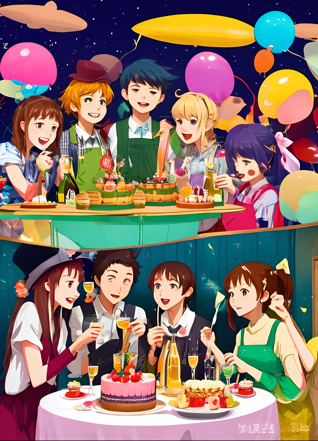 drinking party。Participants between the ages of 20 and 40。16 participants。both sexes。cheers。a cake。balloons。kawaii illustration。animesque。Ghibli Studio。kawaii。PastelColors。a smile。Small number of people。cooking a。champagne。Chikawa。comical。japanese comic book