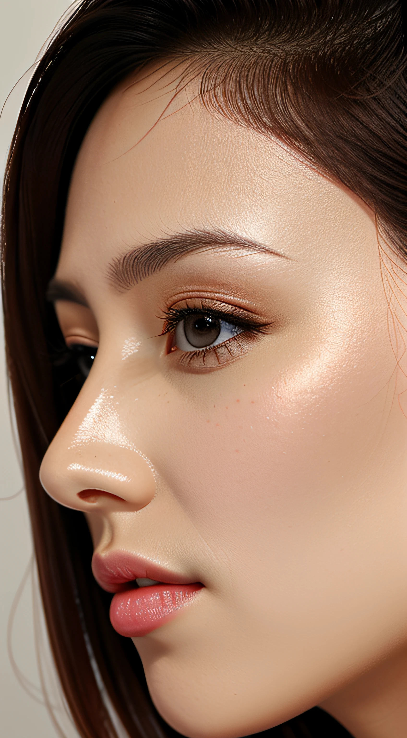 masutepiece,,award - winning photo, Extremely detailed, edgOrgasm,Face Focus Face、35 year old、A dark-haired、Glossy skin、Close-up of face,(Super close-up of nose,Face shot),low angles:1.5,(Realistic nostrils)、Lens Distortion Removal、Reproduction of pores、profile、1girl in,Beautiful woman with straight nose、short cut hair、