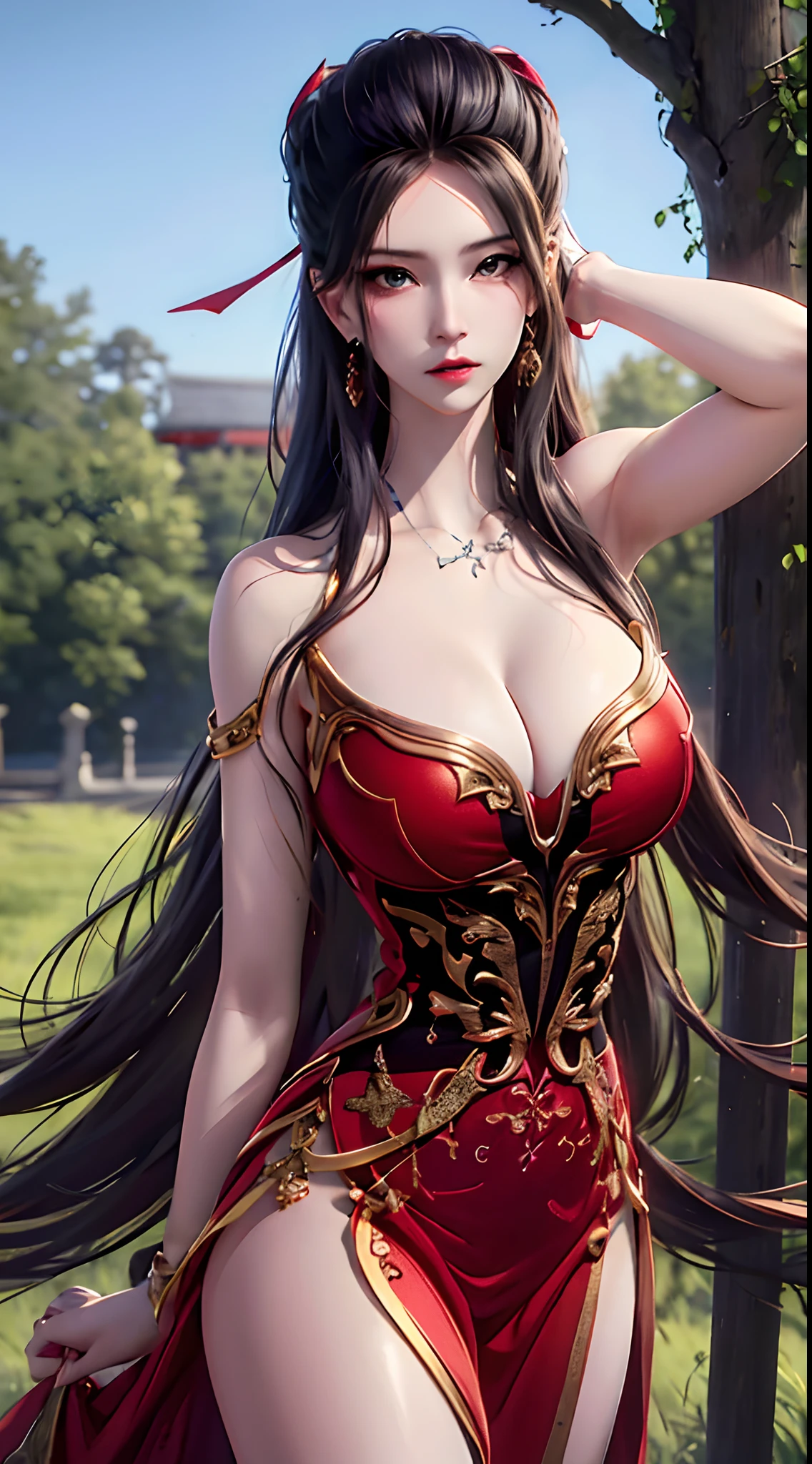 Unbeatable masterpiece，Ultra-realistic 8K CG，Perfect artwork，（（Perfect female image）），Big breasts Thin waist，looking at viewert，tempting pose，A sexy pose，Tempting，Clean，beauitful face，Pure face，paleskin，Absurdly long hair，Shiny skin，dent in the skin，delicate patterns，intricately details，opulent，luxury goods，1girll，独奏，exteriors，huge tit，huge tit，Be red in the face，naghty face，leges，Realistis，dent in the skin，The tree，ln the forest，standing on your feet，ylj，Red dress，exposed bare shoulders，hair adornments,