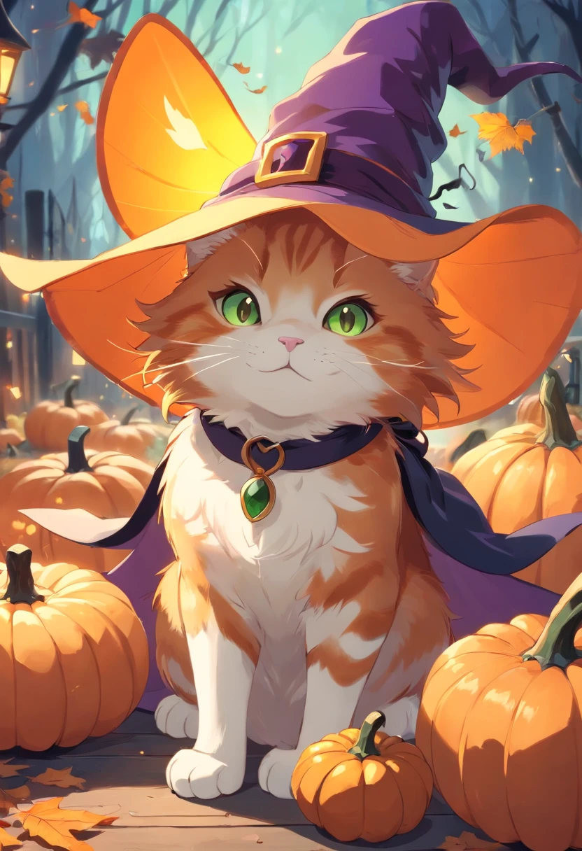 Ginger cat in a witch's hat, It has white front paws, There are also green and brown eyes, pumpkins, Halloween, the bats