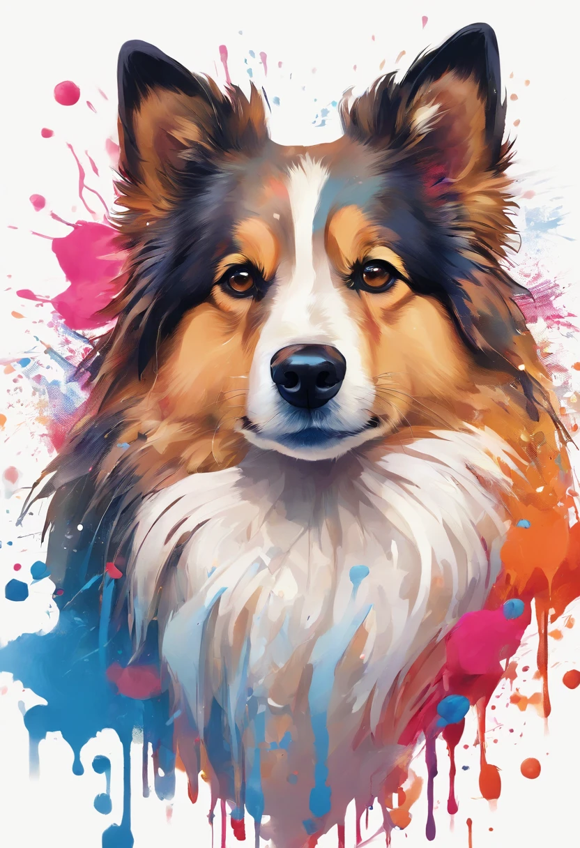 Splash Art, Shetland Shetland Shepherd Dog, ((White background)), piercing eyes, Epic Instagram, art  stations, splash style of color paint, contours, hyper detailed intricately detailed , illusory engine, Fantastical, intricately details, Splash screen, Complementary colors, fantasy concept art, 8K resolution, Deviantart's masterpiece, Oil painting, Heavy strokes, paint drips, splashart