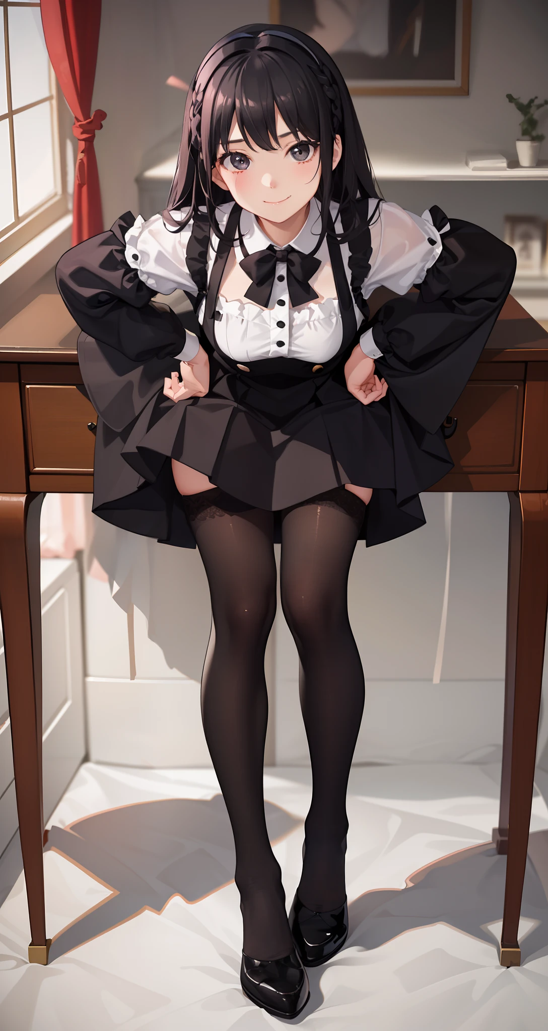 ultra-quality, ultla highres, Hyper Detailed, High contrast, superfine illustration, creative refinement, maid, ssmile,Black stockings